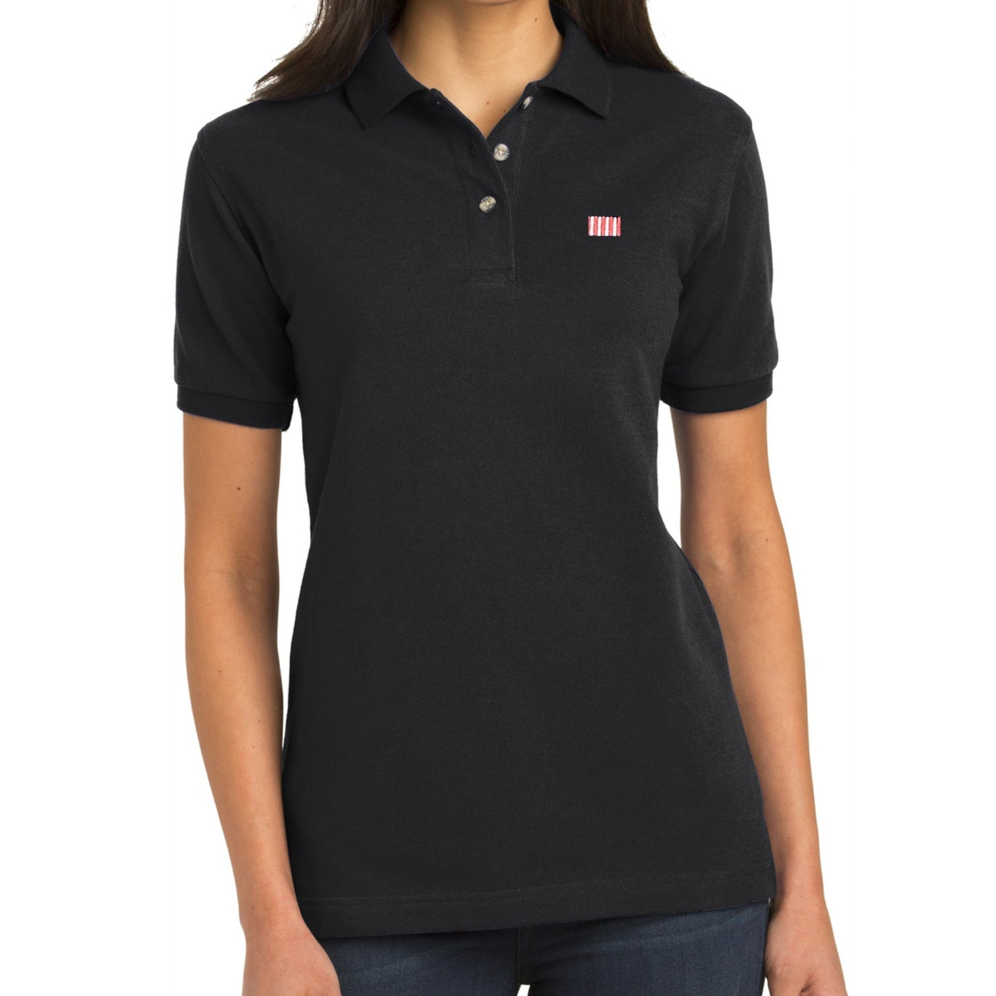 Woman wearing the 'Sons of Liberty' 1776 Polo Shirt in Black from The History List Store.