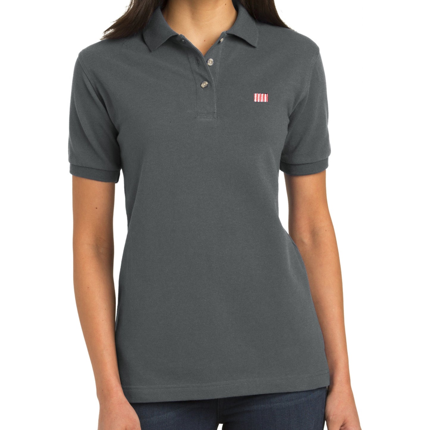 Woman wearing the 'Sons of Liberty' 1776 Polo Shirt in Dark Grey from The History List Store.