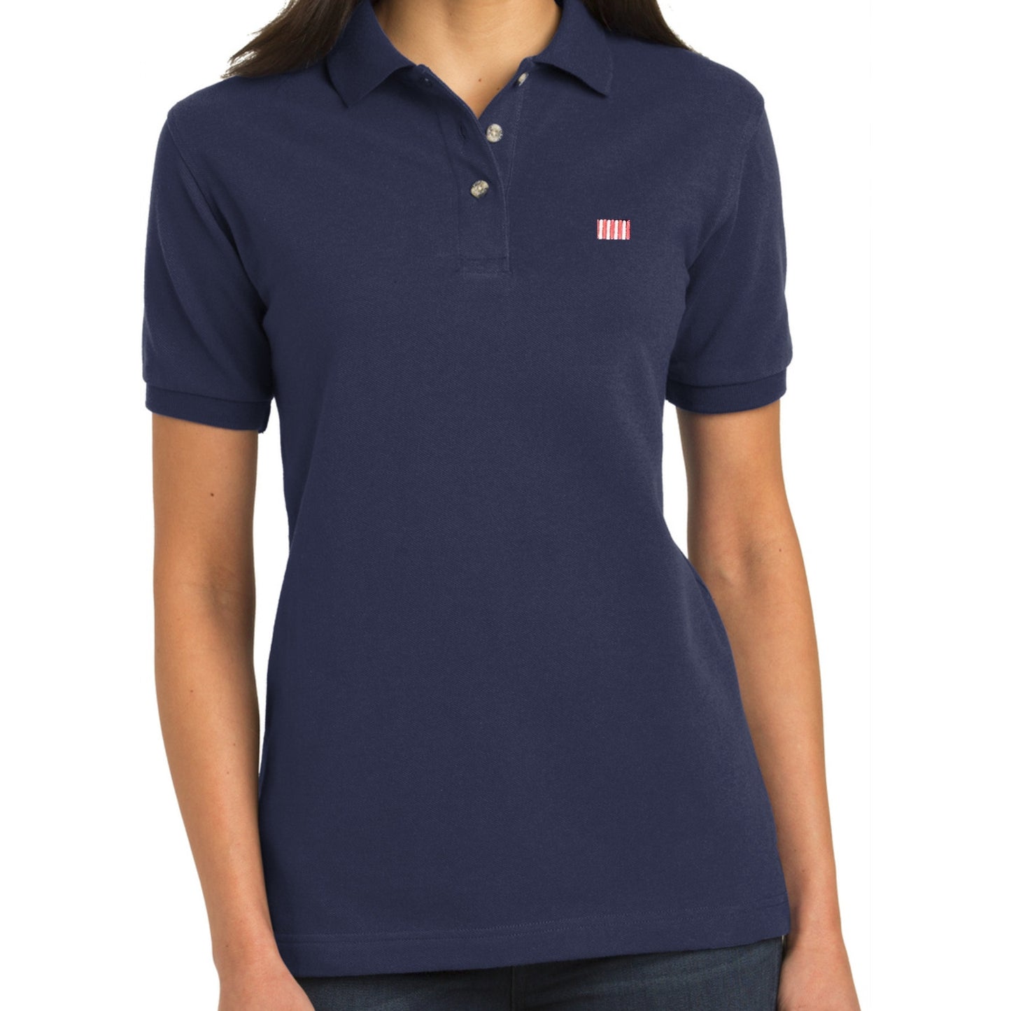Woman wearing the 'Sons of Liberty' 1776 Polo Shirt in Navy from The History List Store.