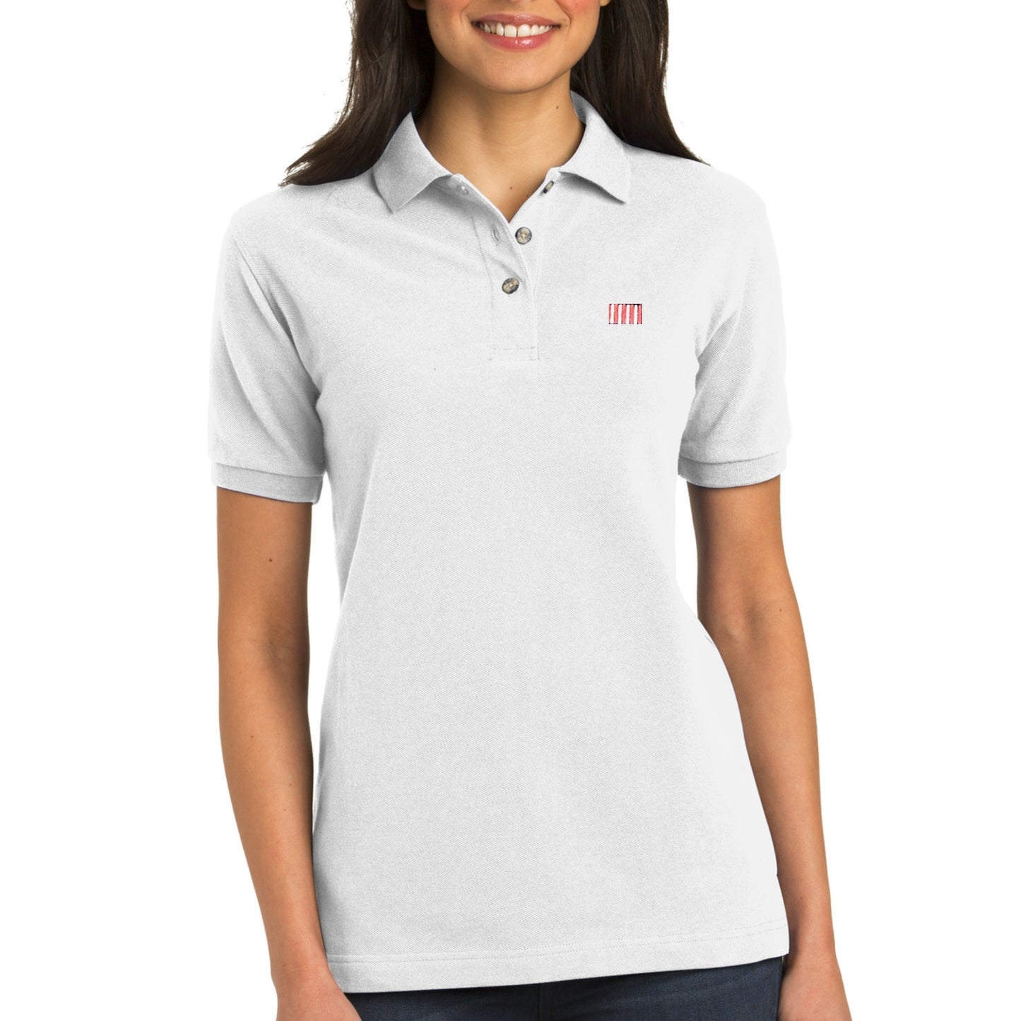 Woman wearing the 'Sons of Liberty' 1776 Polo Shirt in White from The History List Store.