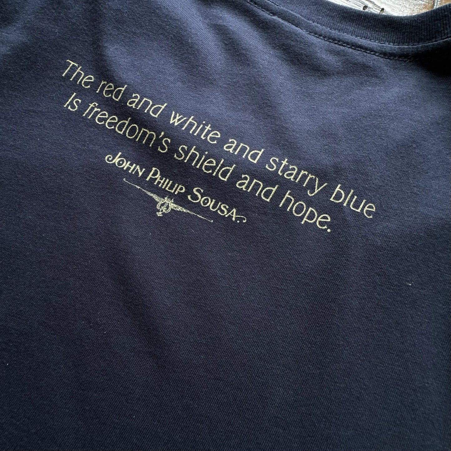 Close up of the "Stars and Stripes Forever" Made in America Shirt in Navy from The History List Store.