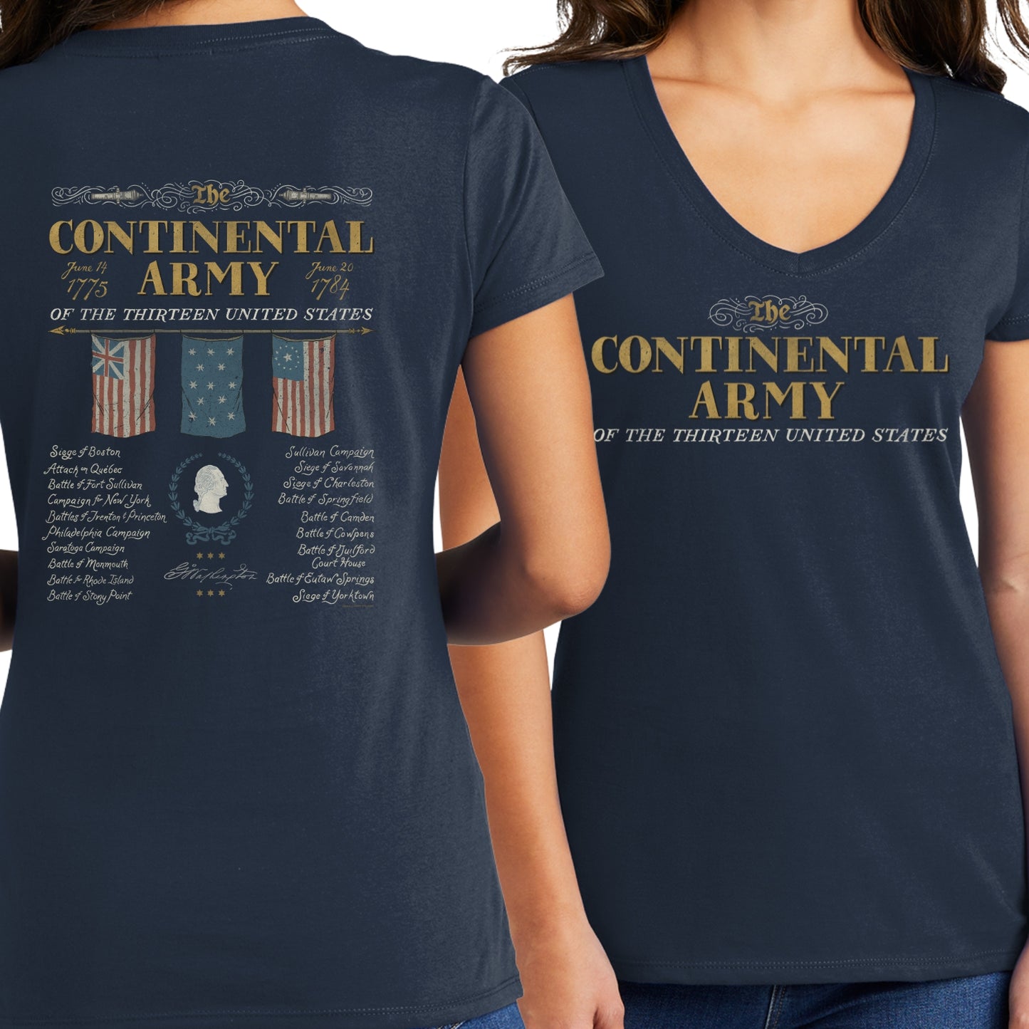 "The Continental Army" Women's fitted v-neck shirt from The History List Store.