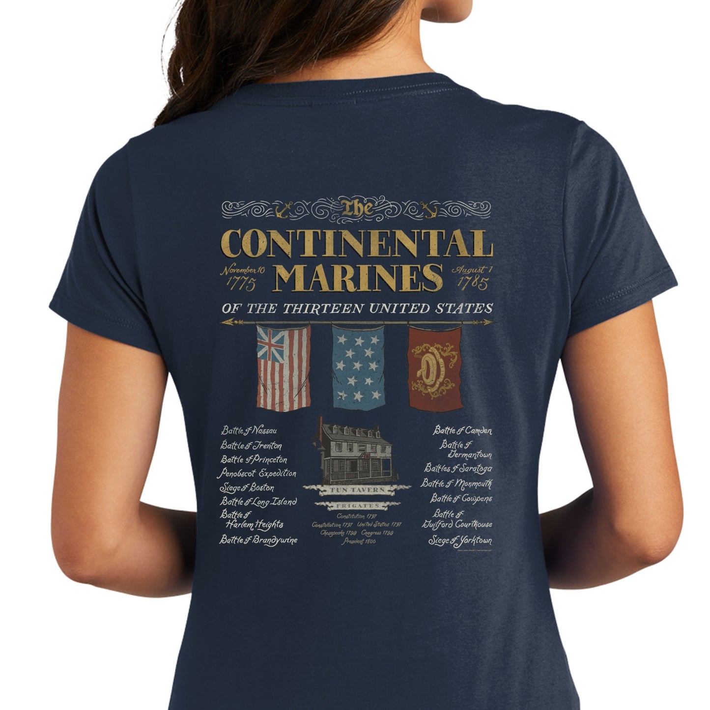 Back of "The Continental Marines" Women's fitted v-neck shirt from The History List store