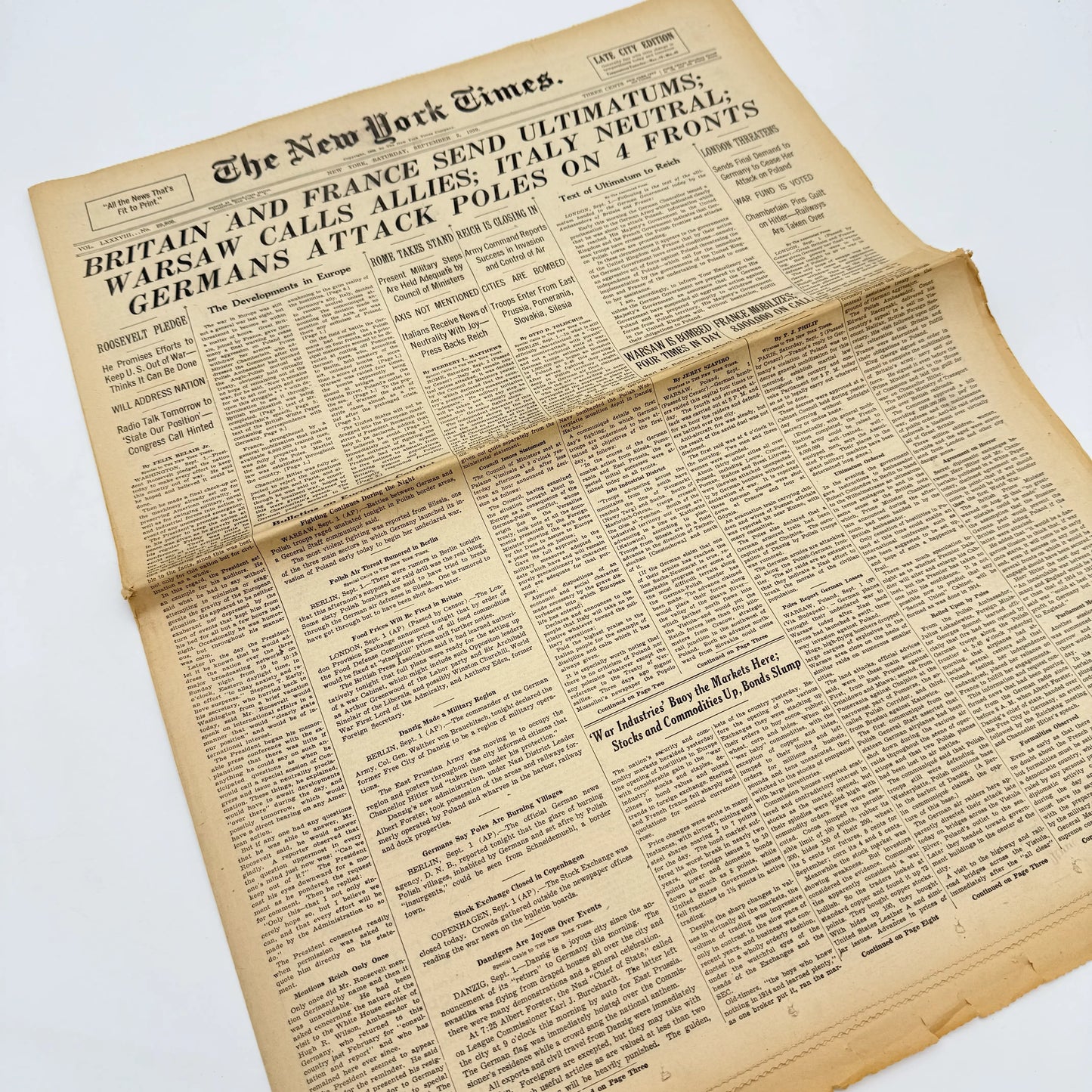 The first five days of WWII in the The New York Times — September 1 - 5, 1939 — Offered individually