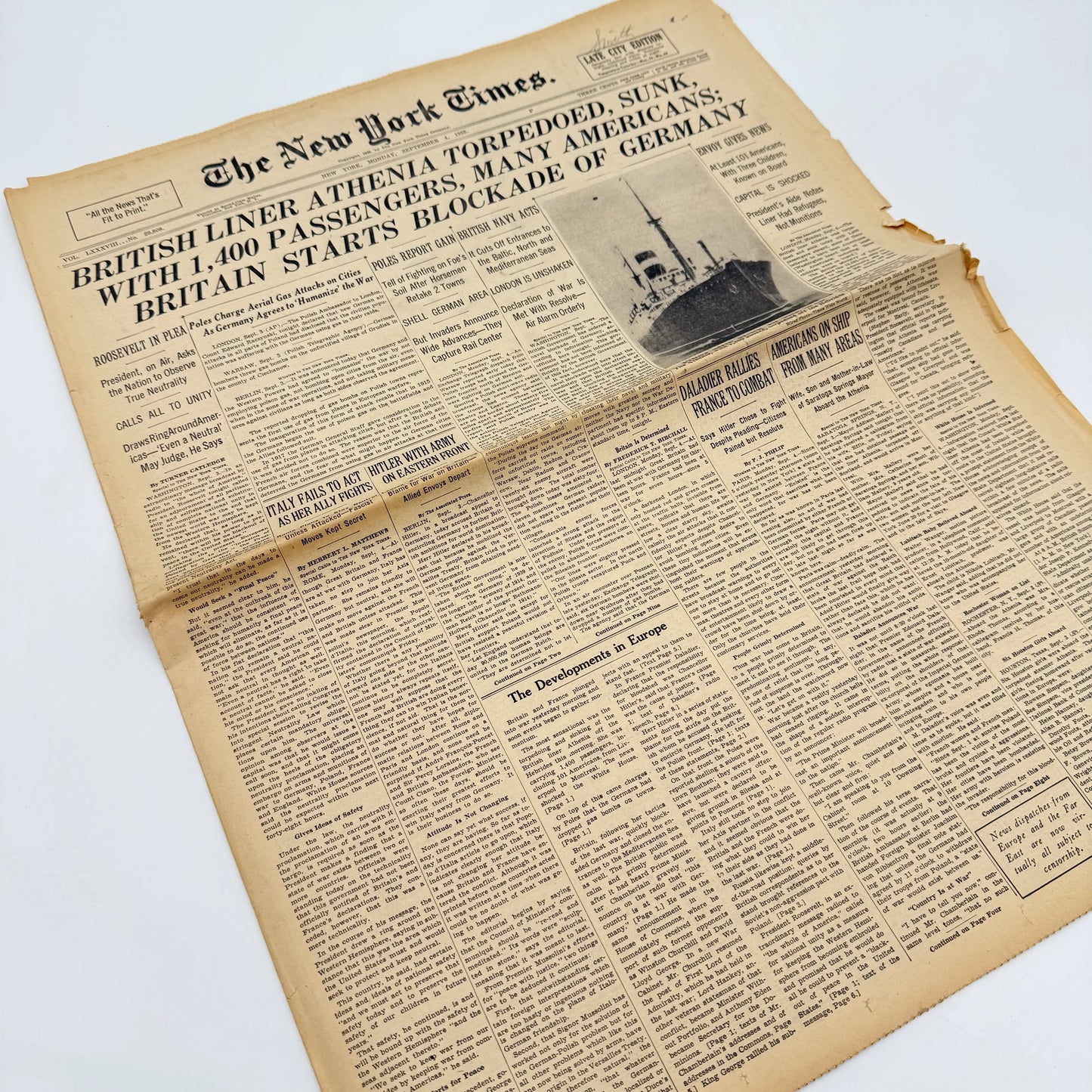 The first five days of WWII in the The New York Times — September 1 - 5, 1939 — Offered individually