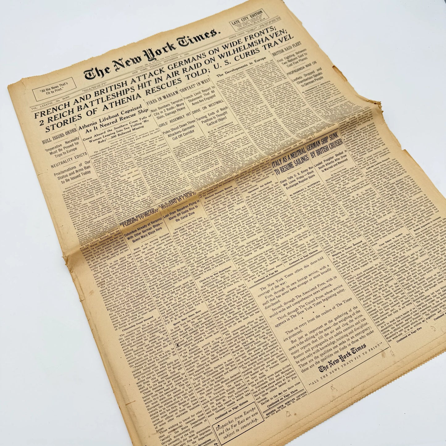 The first five days of WWII in the The New York Times — September 1 - 5, 1939 — Offered individually