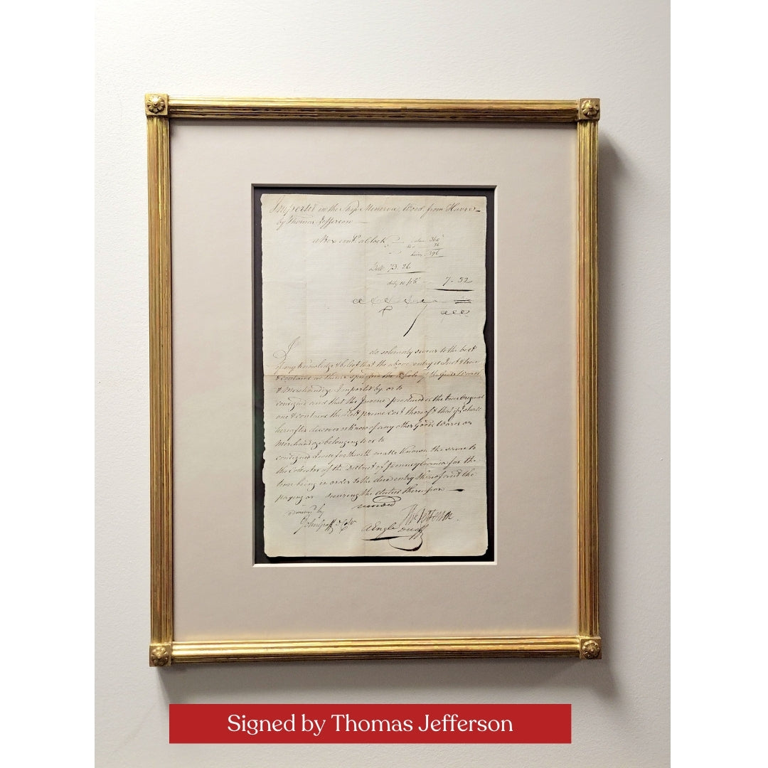 Document signed by Thomas Jefferson for the import duty on his famous Louis Chantrot Obelisk Clock
