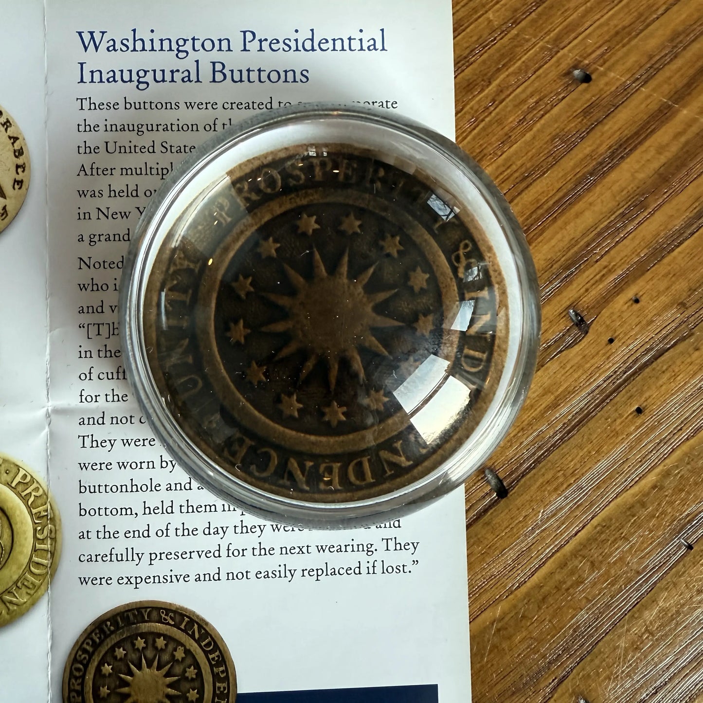 Unity and prosperity design in the Washington Inaugural Button Glass Paperweights — Four designs — All Made in America from The History List store
