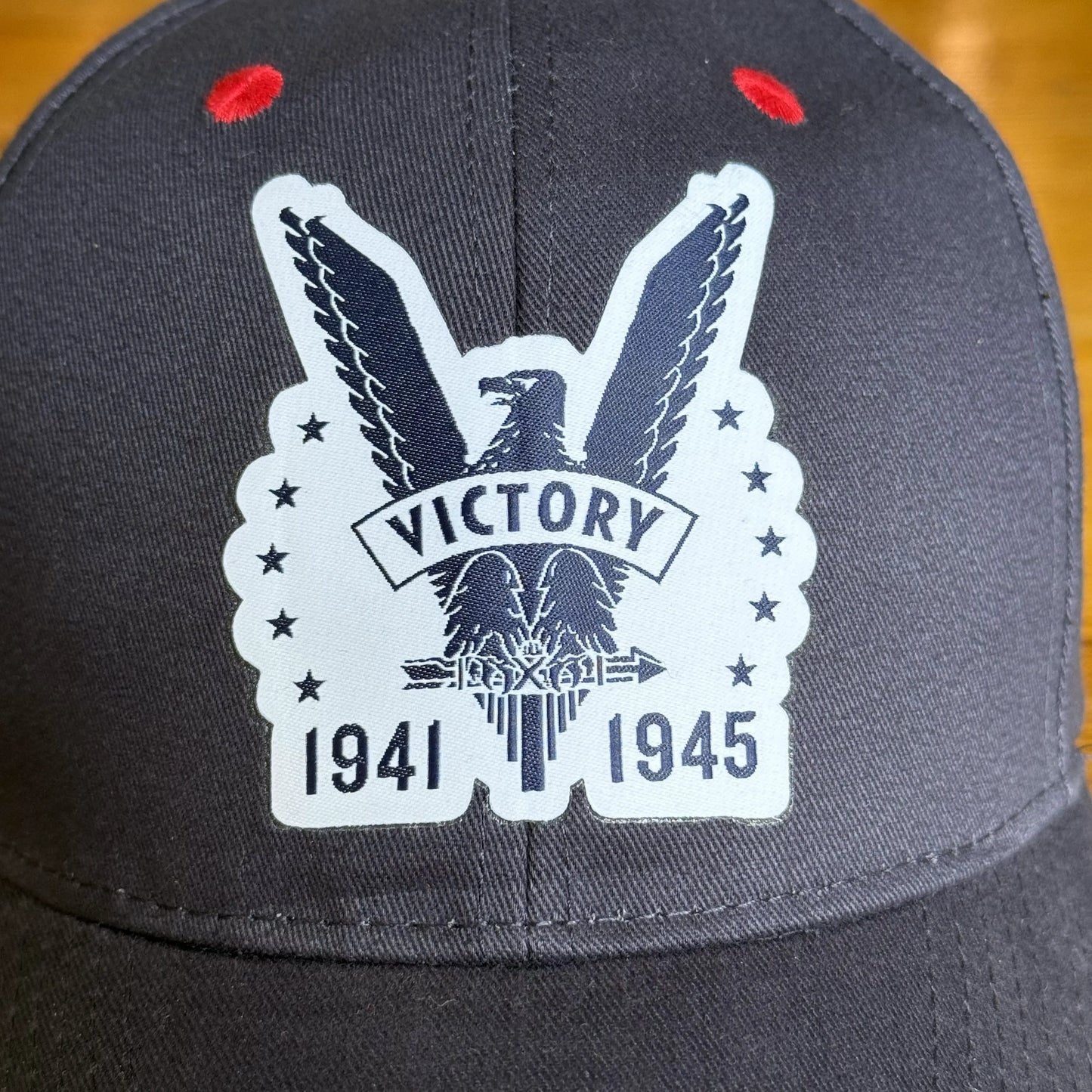 Close-up of navy WWII Victory 80th Anniversary Cap from The History List store