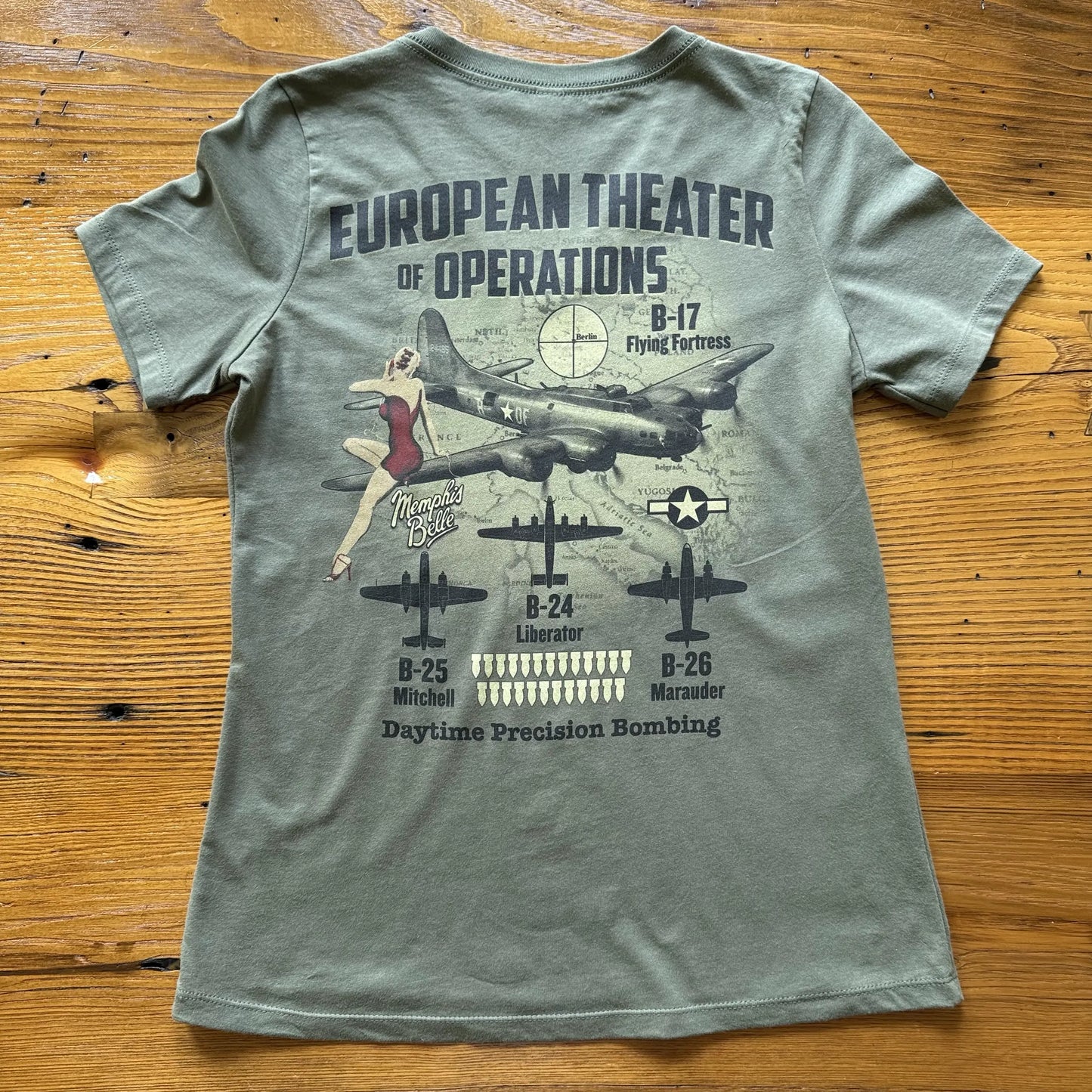 Back view of the WWII Allied Bombers over Europe Women's V-neck shirt from The History List Store.