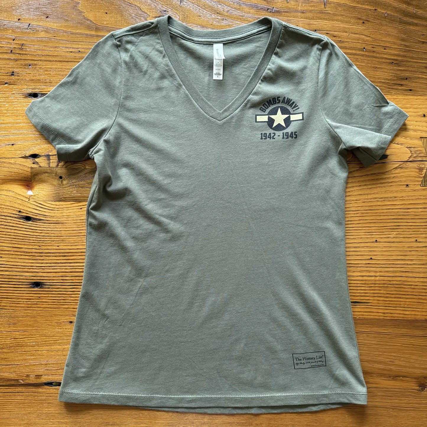 Front view of the WWII Allied Bombers over Europe Women's V-neck shirt from The History List Store.