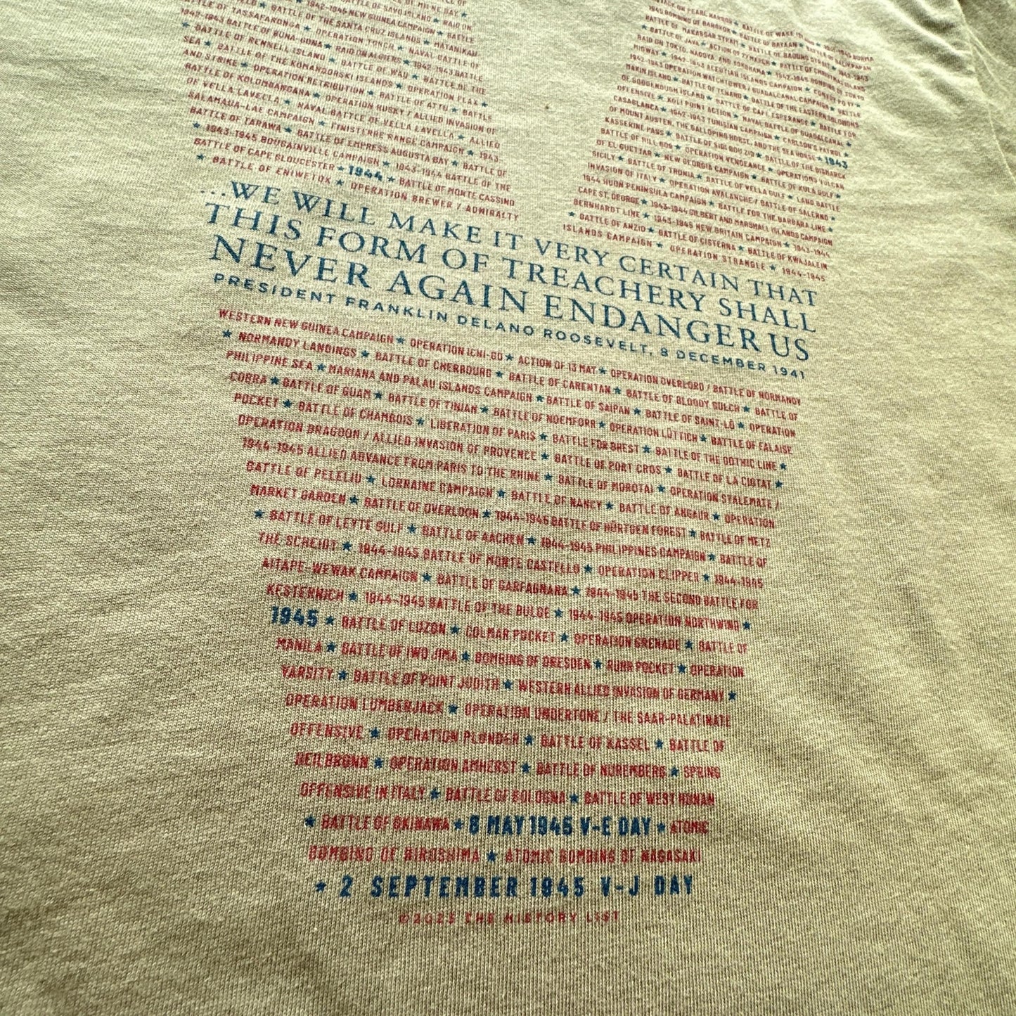 Close-up of WWII Victory Shirt with all of the battles listed — Made in America from The History List store