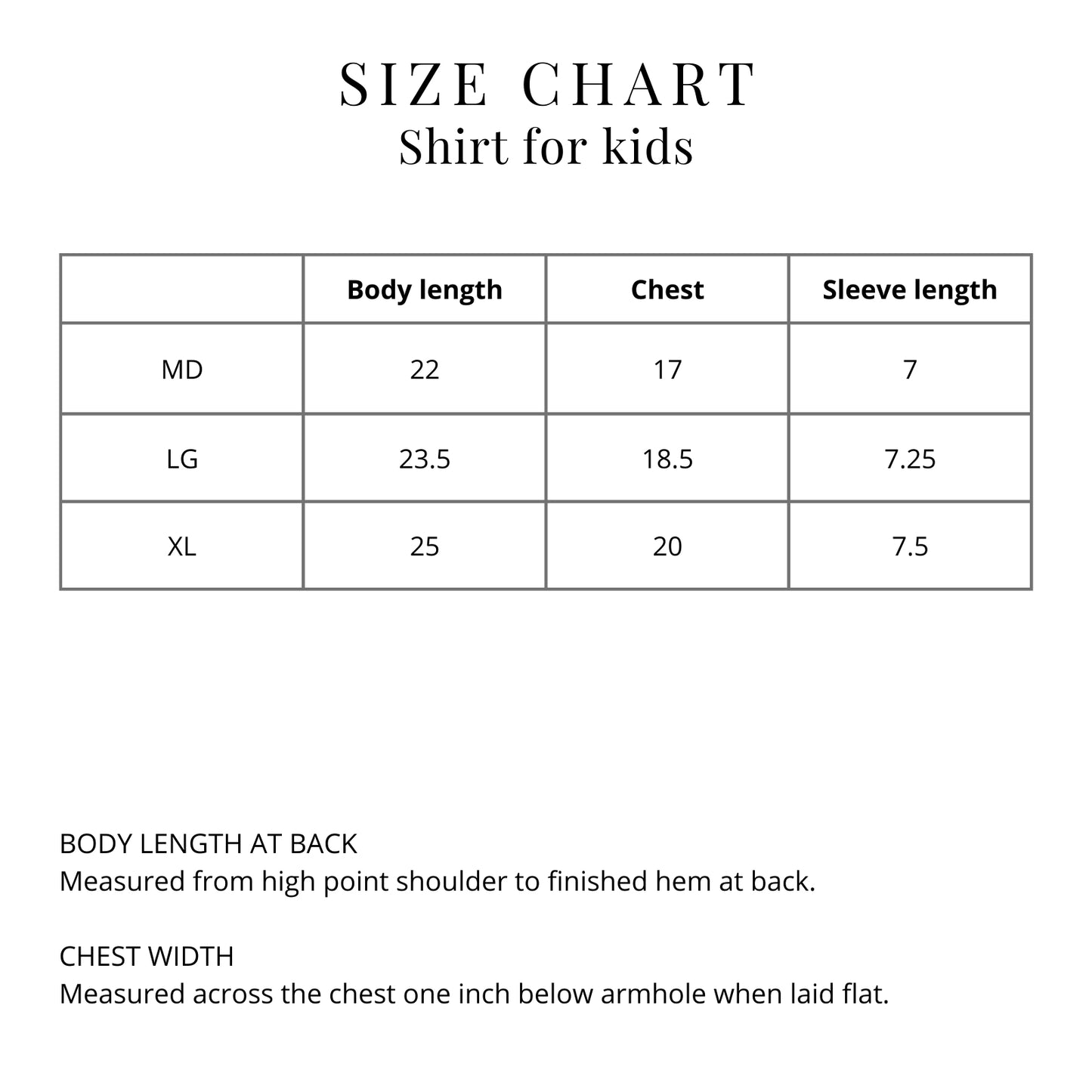 Size chart for shirts in youth sizes from The History List store