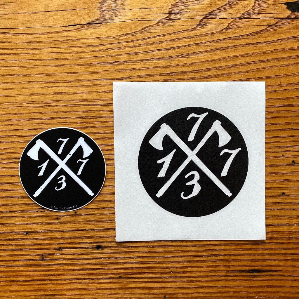 Side by side of the "1773" Boston Tea Party sticker from The History List Store