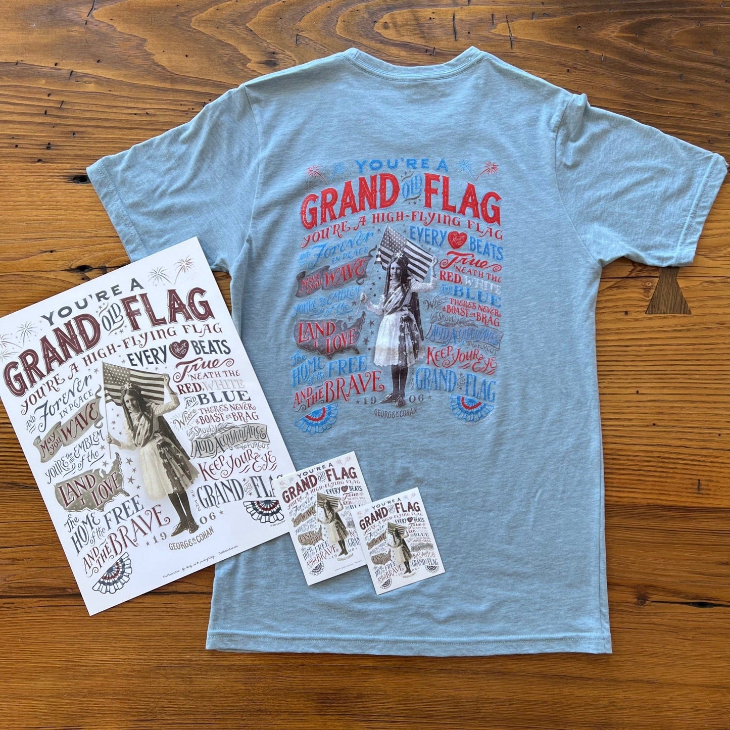 "Grand Old Flag" Postcard and shirt from the history list store