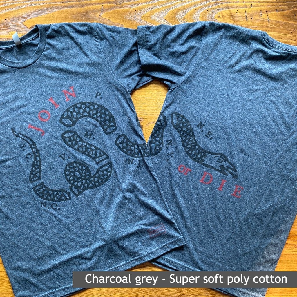 Close-up of "Join or Die" Shirt — Made in America from The History List Store in Charcoal Gray.