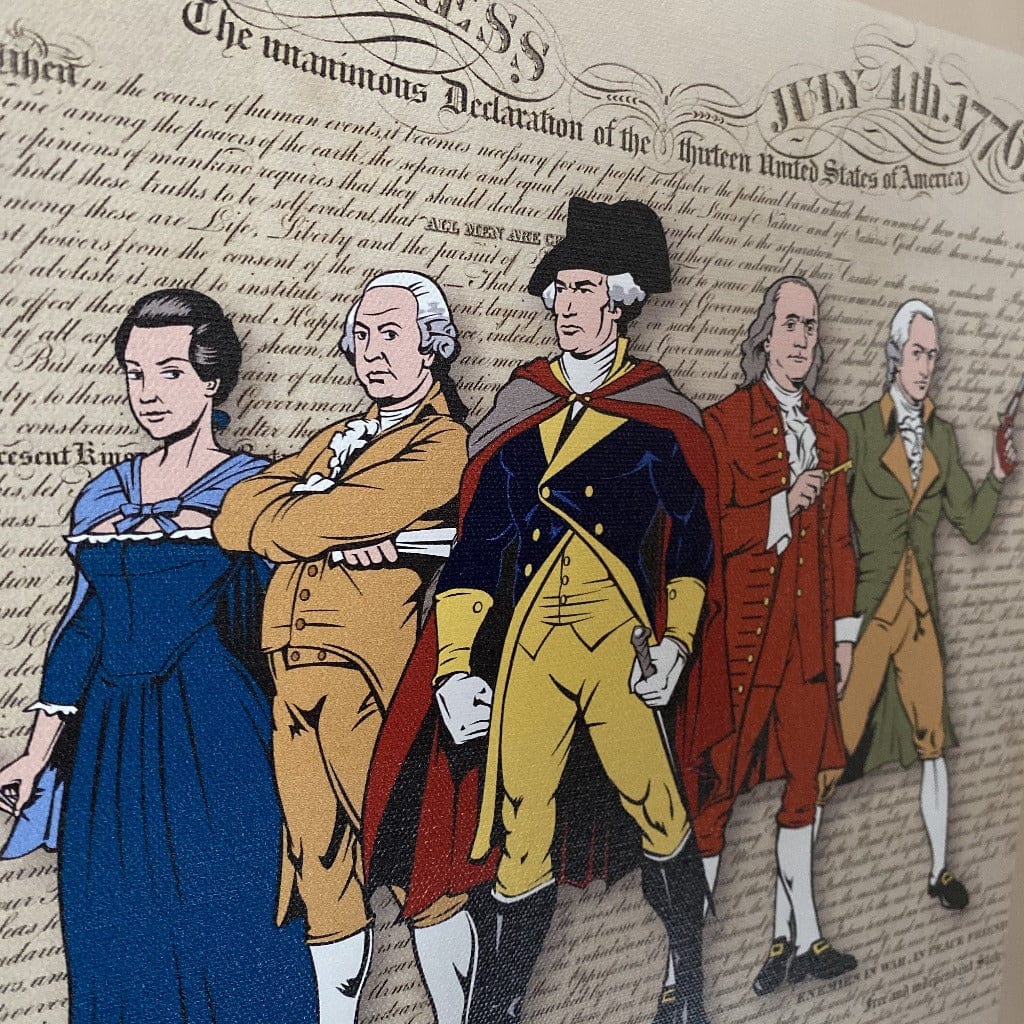 Close-up Revolutionary Superheroes and the Declaration of Independence on canvas with a gallery wrap from the History List Store