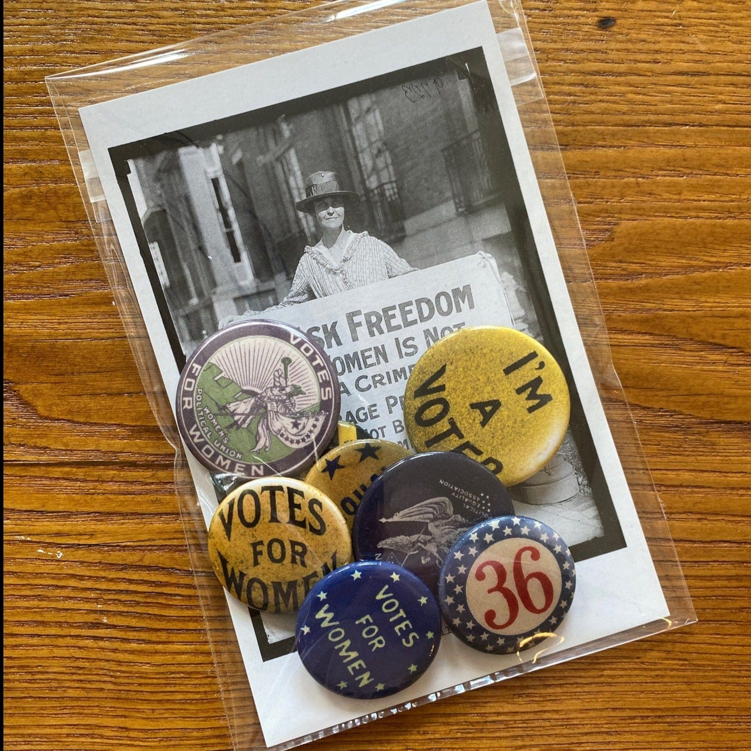 Clear Packaging - Suffrage Button Pack with reproductions of 8 historical buttons from the History List Store