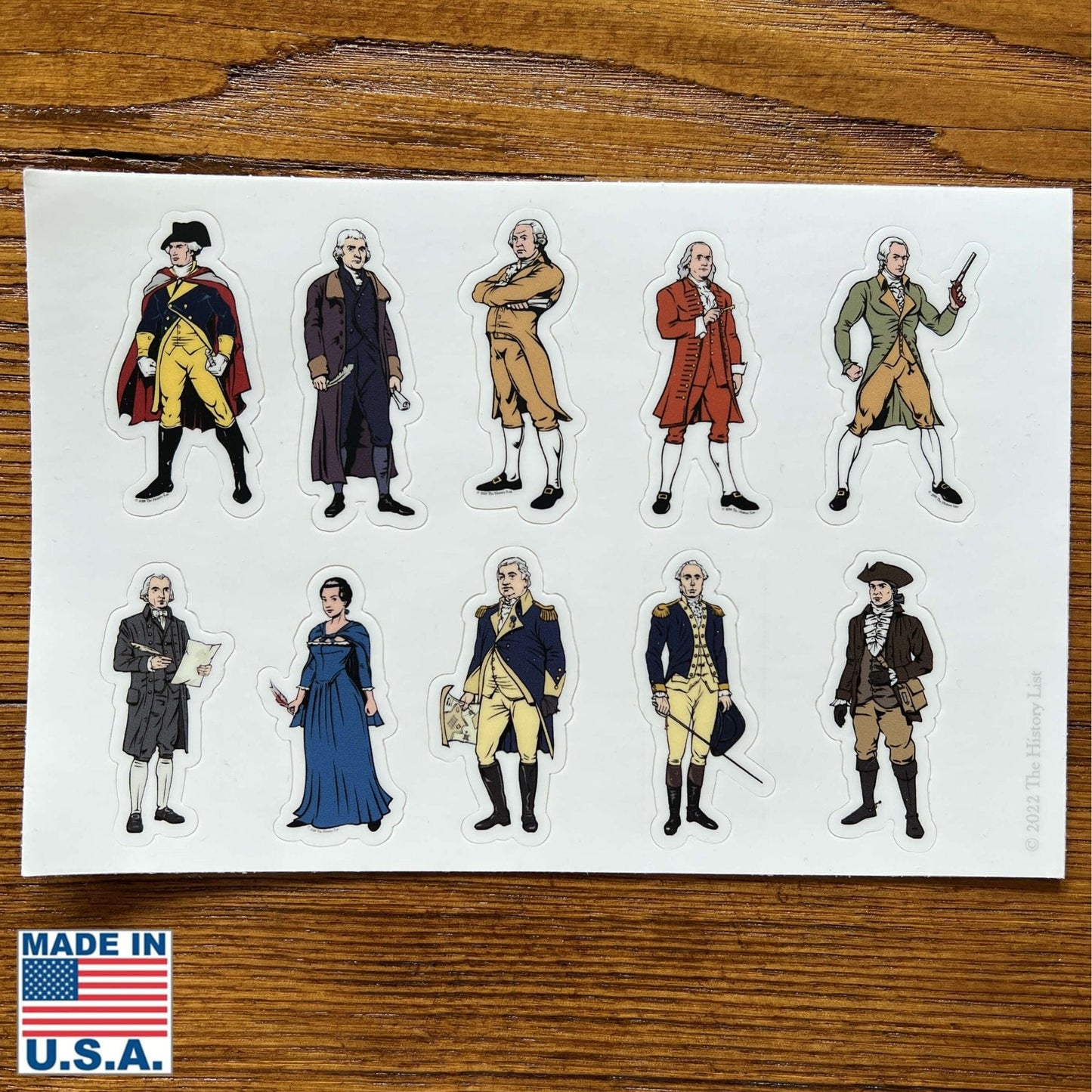 Ten "Revolutionary Superheroes" Sticker sheet from the History List Store — Made in the USA