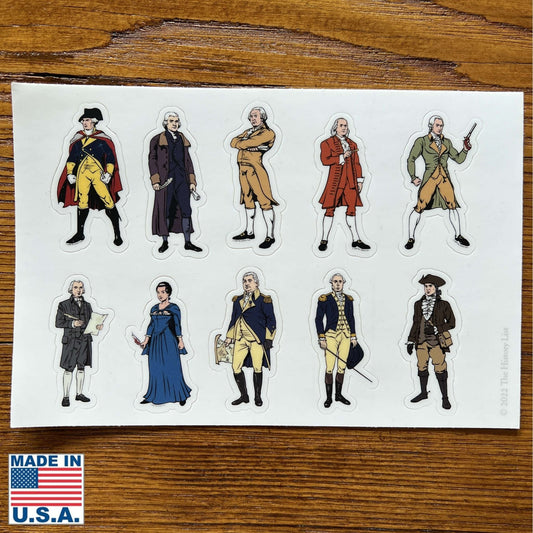Ten "Revolutionary Superheroes" Sticker sheet from the History List Store — Made in the USA