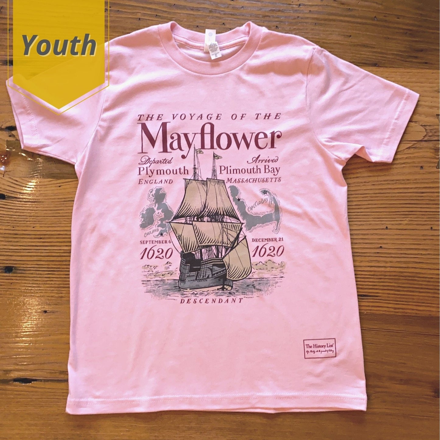 Light Pink "The Voyage of the Mayflower" Shirt in Youth sizes from the history list store
