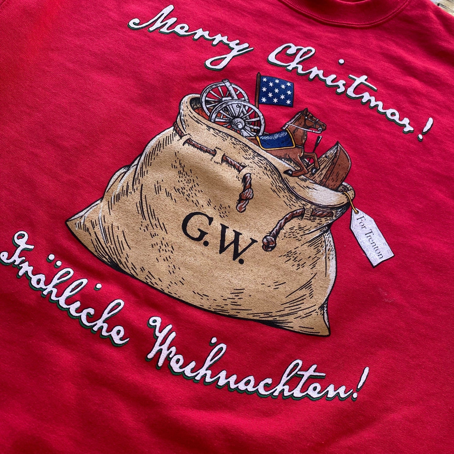 Close up view of the George Washington's Christmas Day Crossing of the Delaware Crewneck sweatshirt — The Christmas sweatshirt for history nerds from The History List Store.