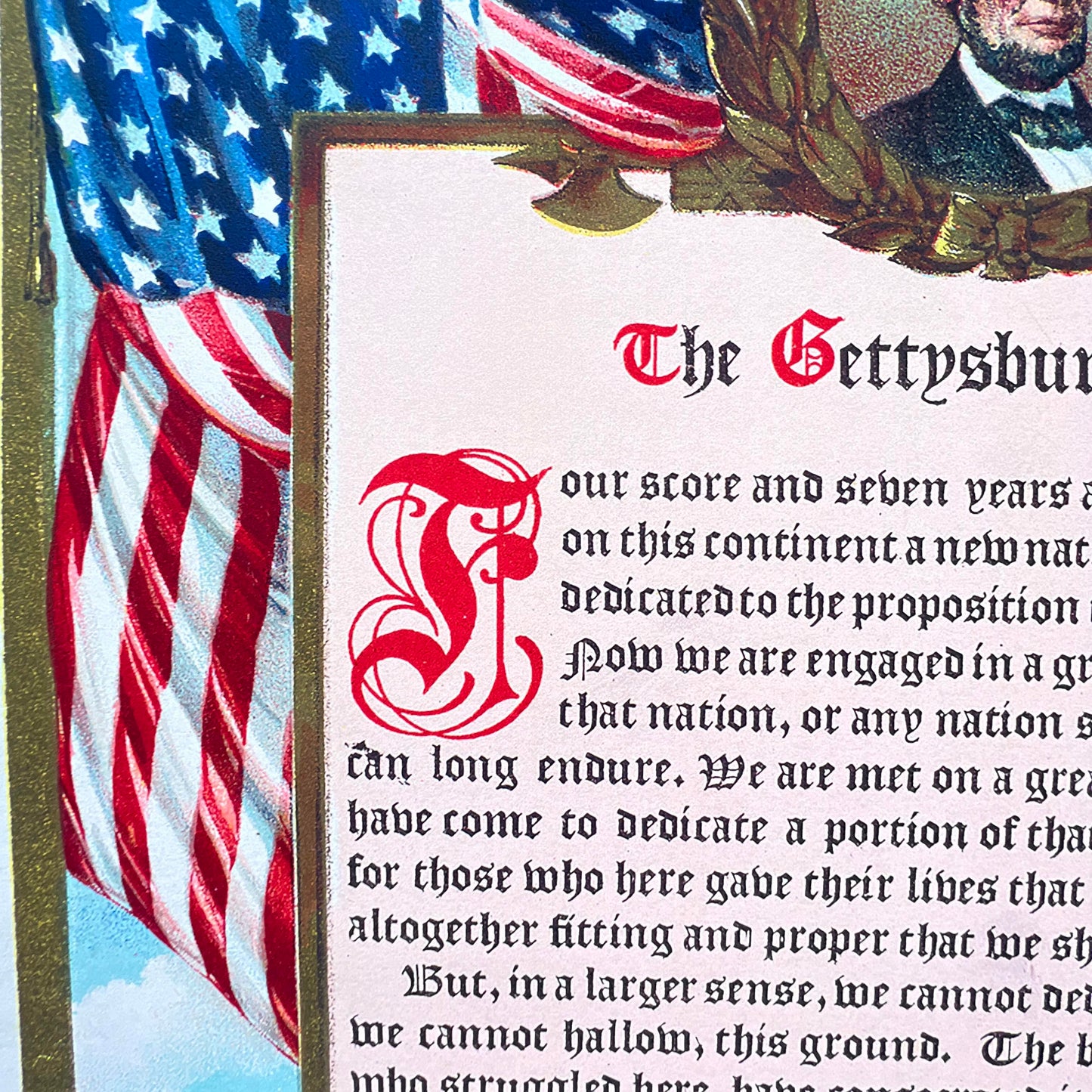 Gettysburg Address in full color with Lincoln and flags — Archival print