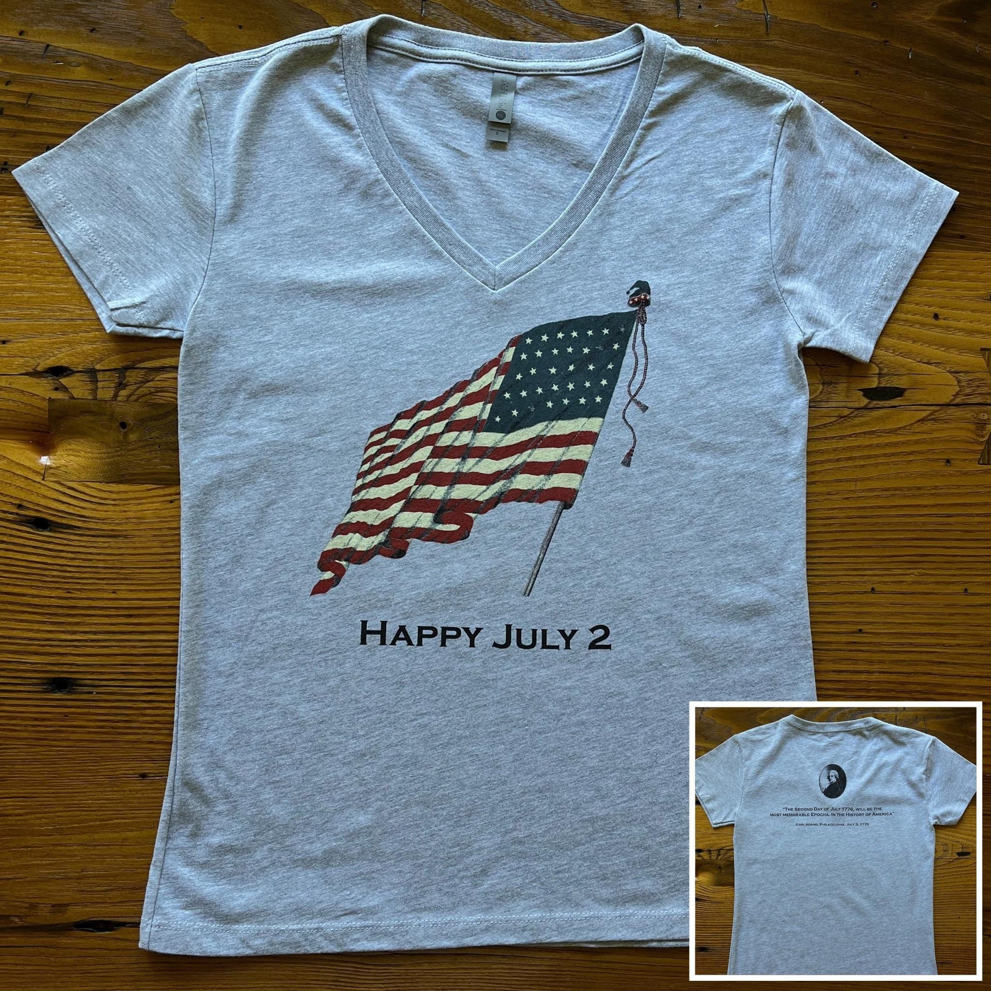  Heather Grey "Happy July 2” v-neck shirt with John Adams and his quote on the back from the history list store