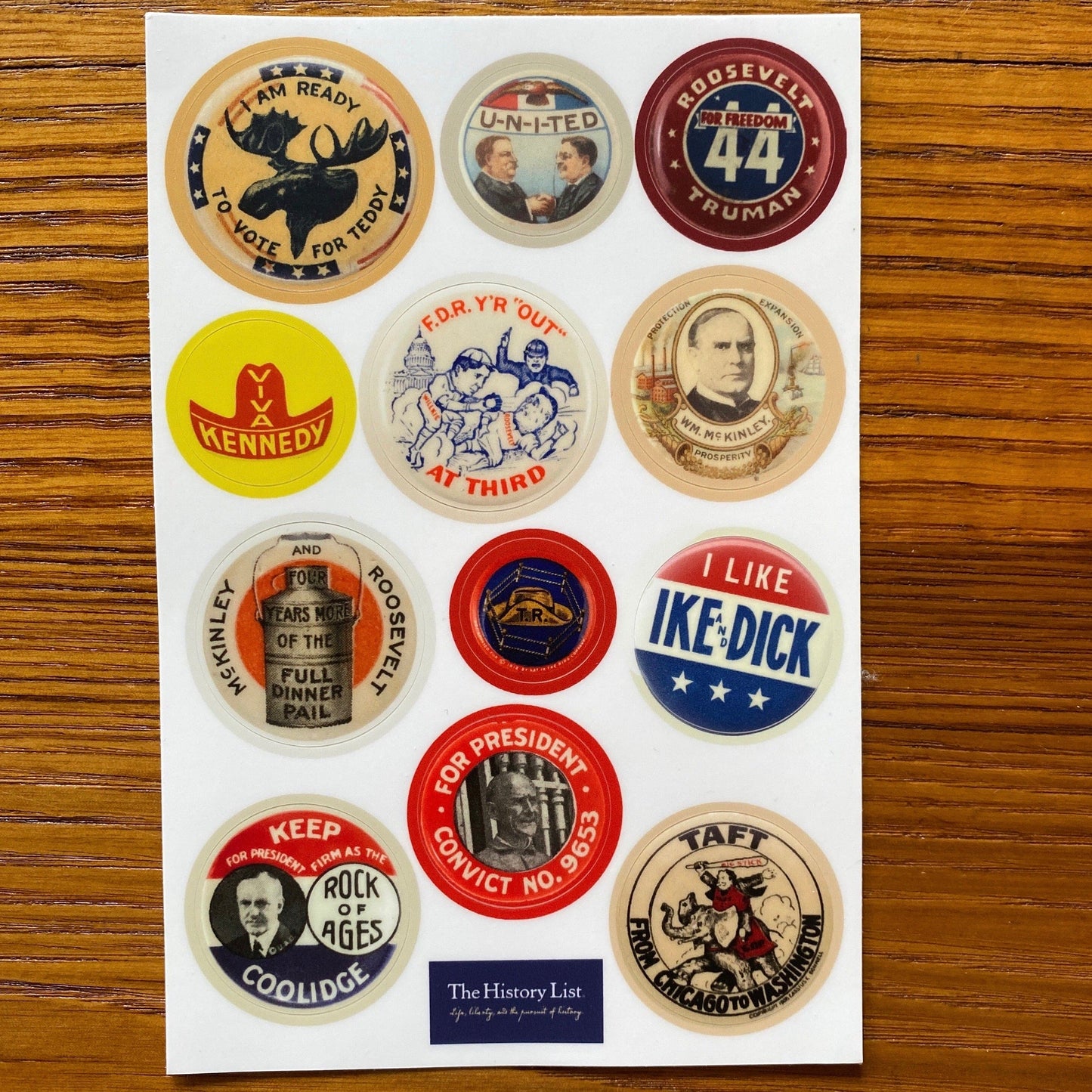 Historical presidential campaign button sticker sheet with images of 12 buttons