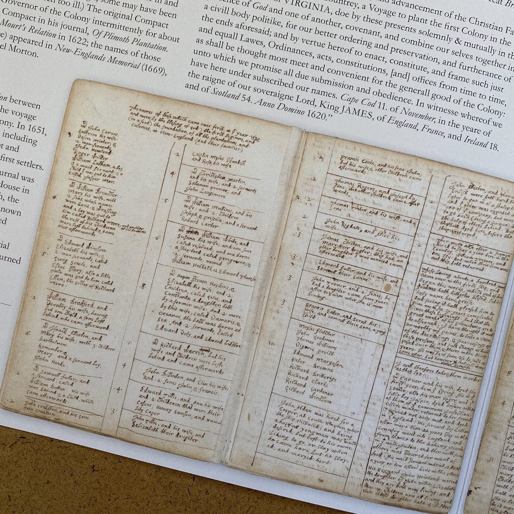 Bradford's Journal | Mayflower Passengers foldout with those who survived the first year— from the History List Store