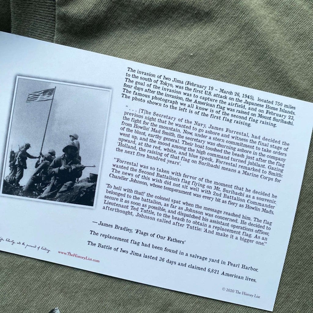 Hang Tag | Back - Flag raising on Mount Suribachi - 75th Anniversary of the Battle of Iwo Jima - with 100% cotton Made in the USA as an option from The History List Store