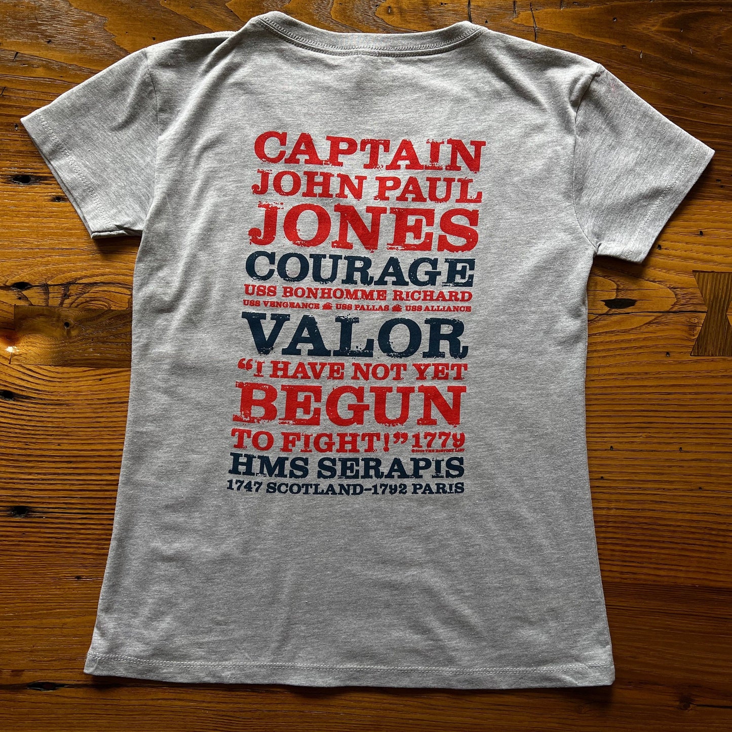 Back of John Paul Jones, "I have not yet begun to fight!" Women's v-neck shirt from the History List Store