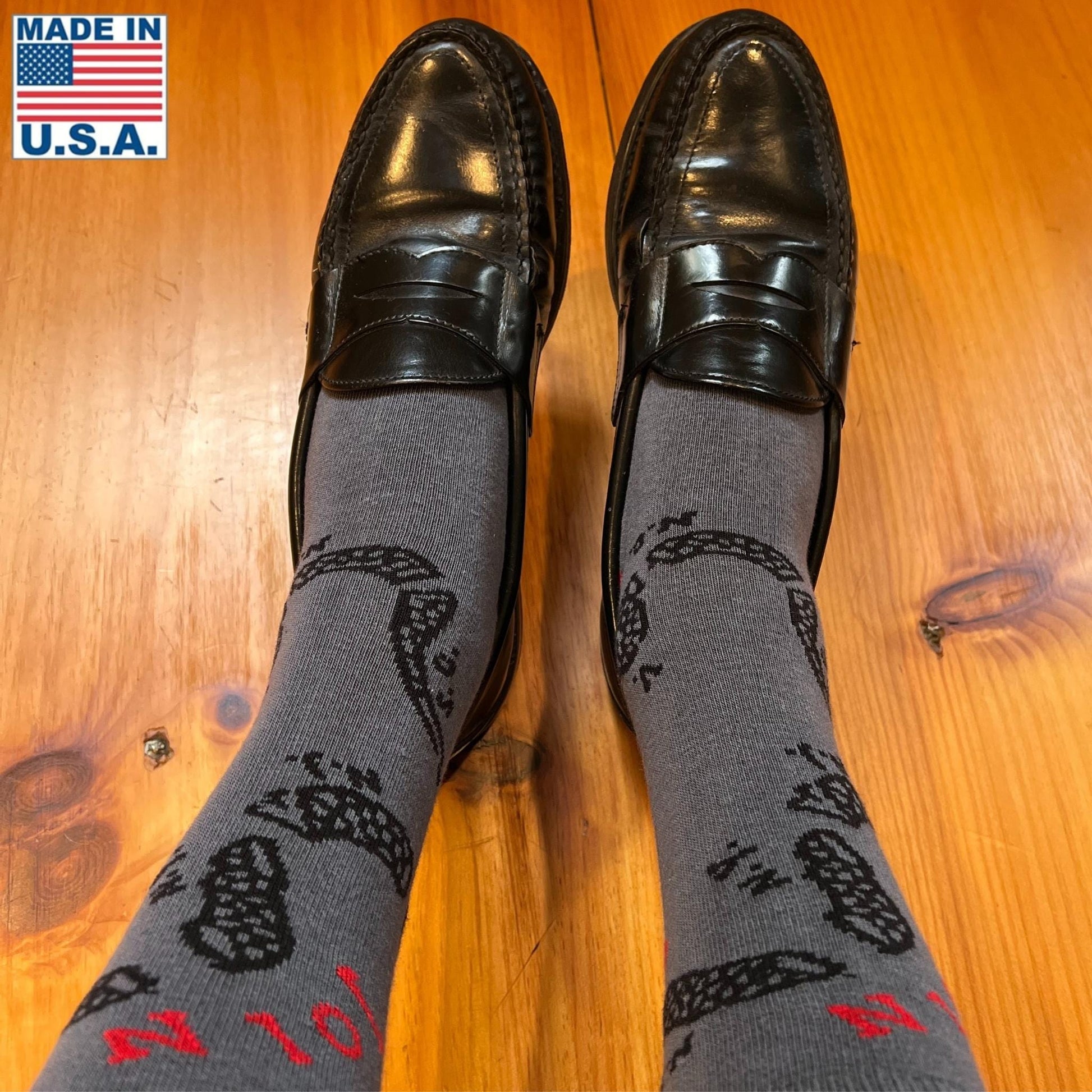 Top view of "Join or Die" Socks — Made in USA from The HIstory List store when worn with shoes 