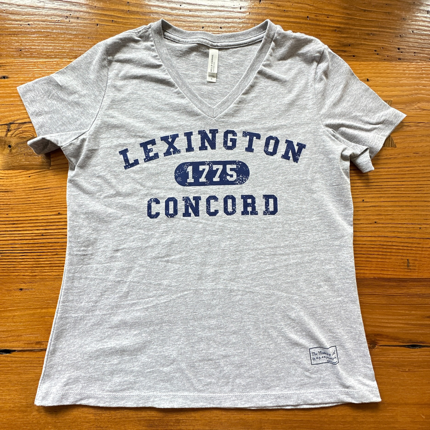 1775 Lexington and Concord Women's v-neck shirt in Heather Grey from The History List Store.