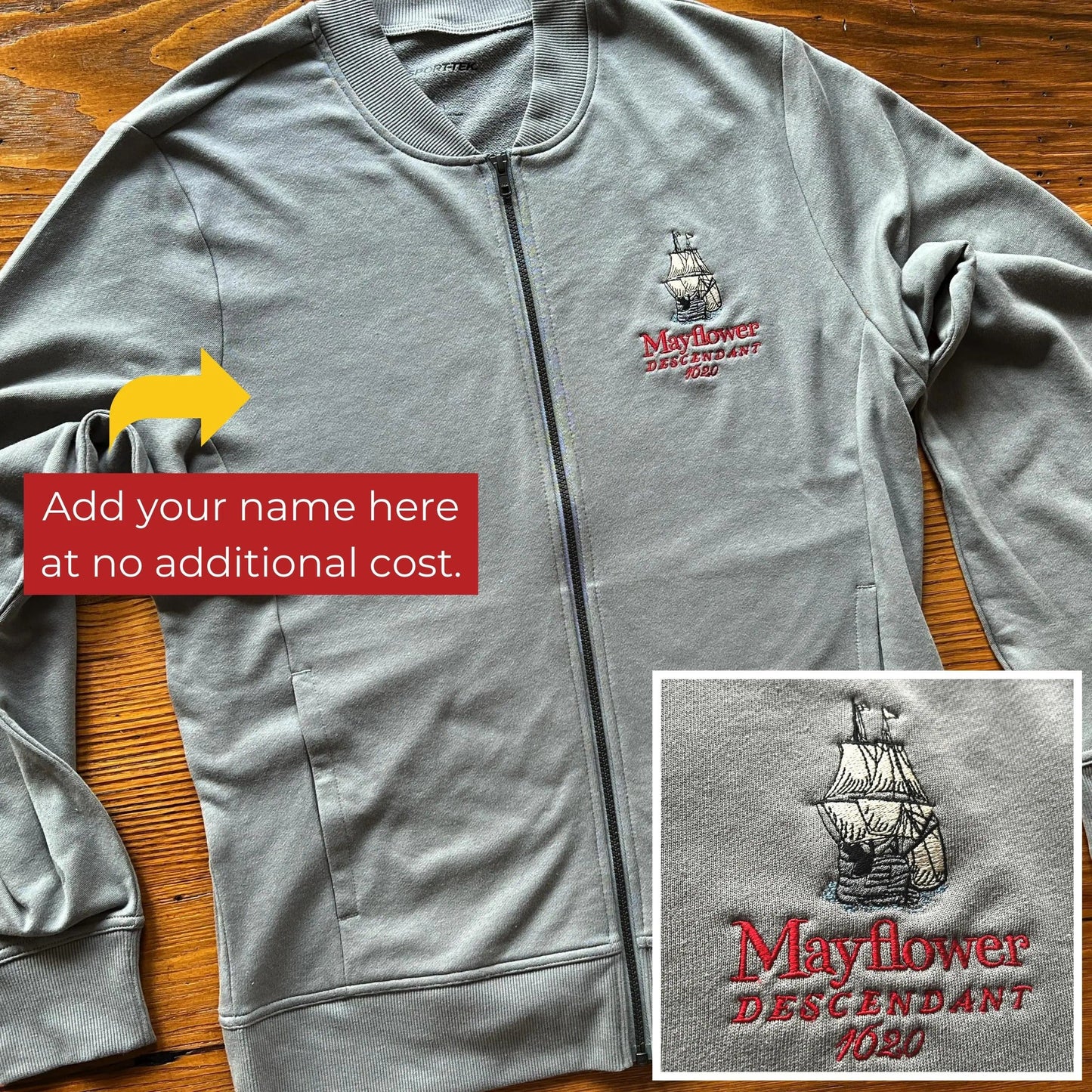 Embroidered Mayflower "Descendants" Jacket in Grey from The History List Store.