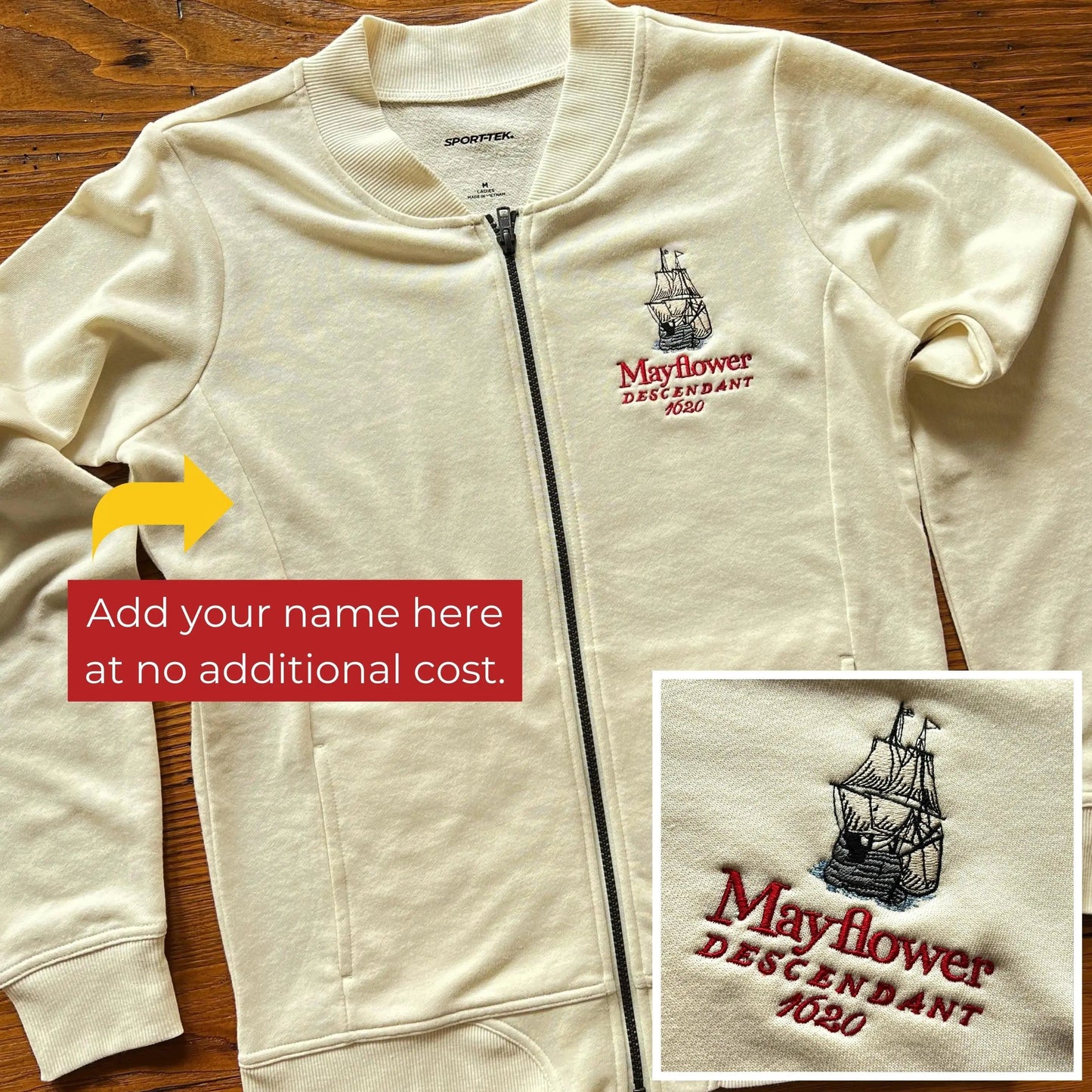 Embroidered Mayflower "Descendants" Jacket in Ecru  from The History List Store.