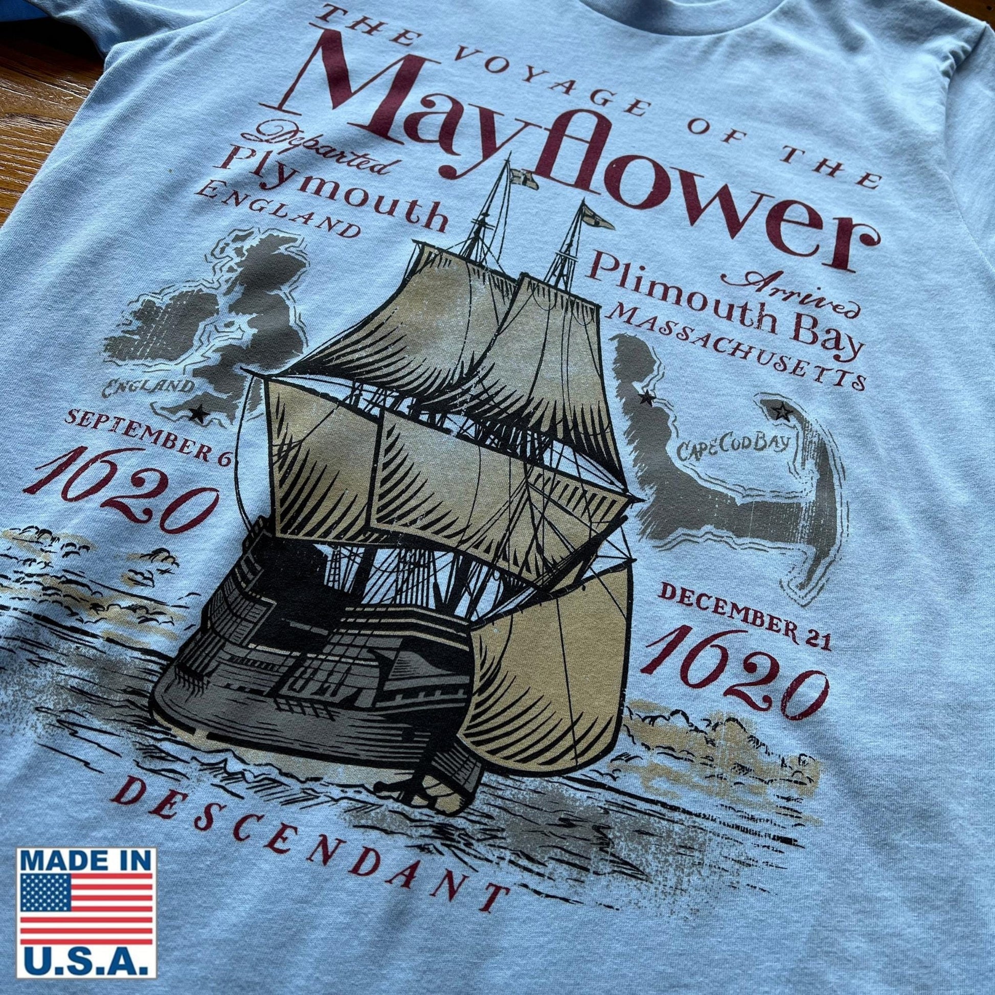 Close-up Light Blue Heather- "The Voyage of the Mayflower" Shirt from the History List Store.