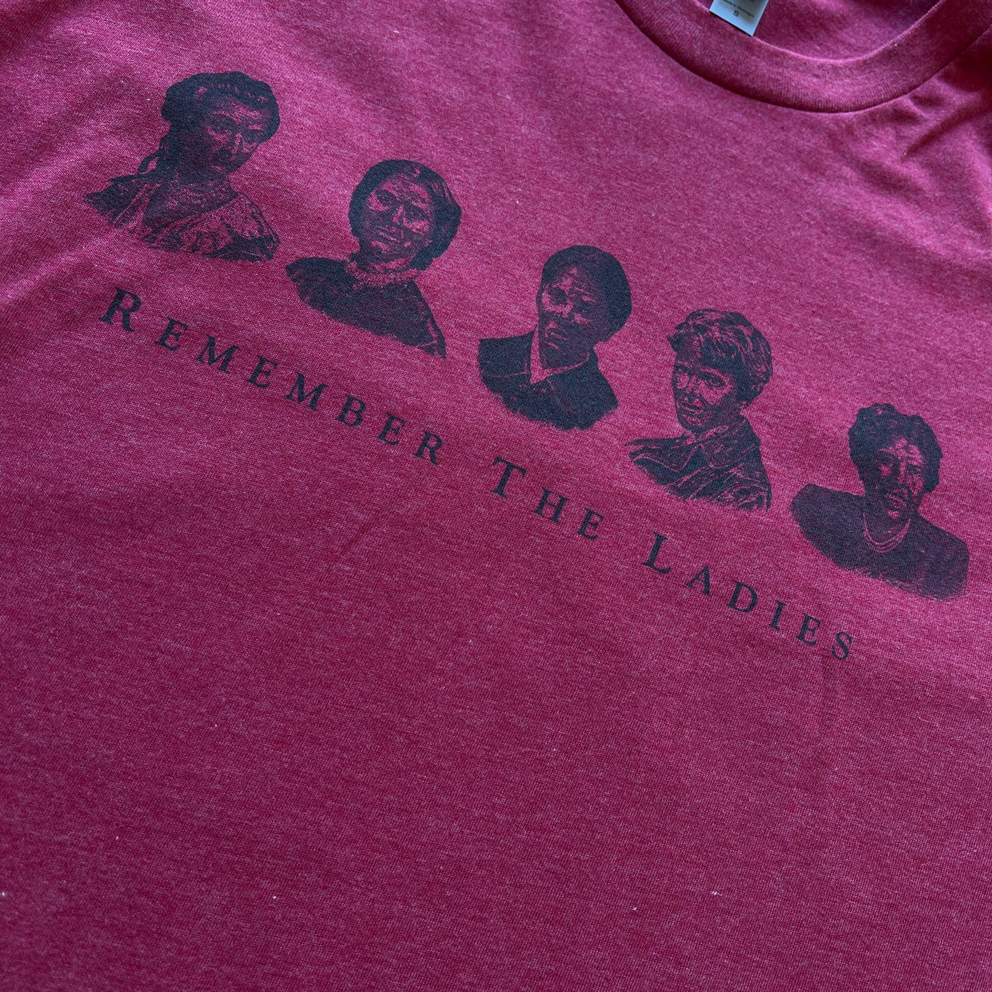 Close-up of "Remember the Ladies" Shirt, Straight design from The History List Store in Cardinal