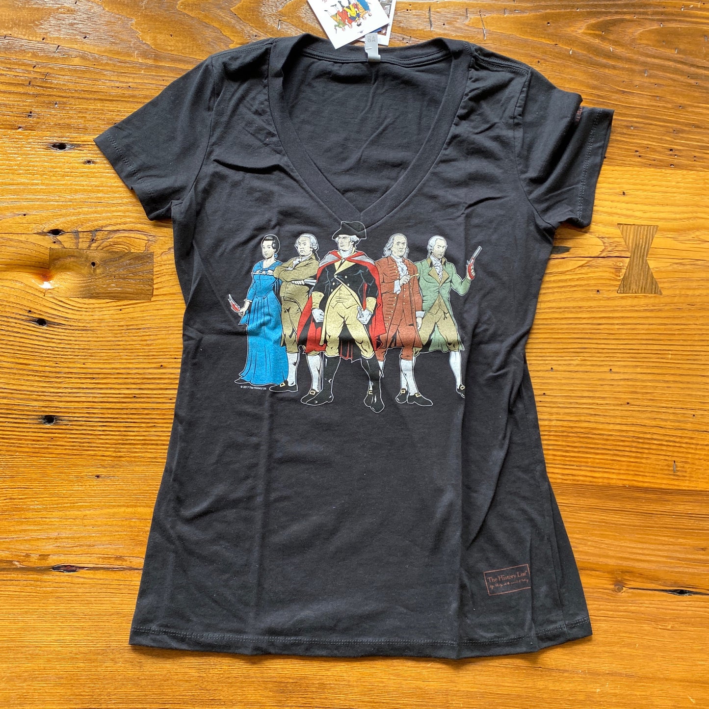 Front view of the "Revolutionary Superheroes" with George Washington Women's v-neck shirt from The History List Store.