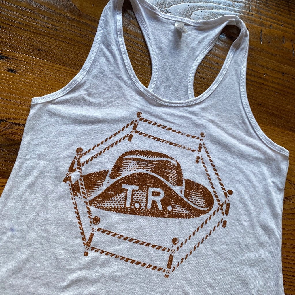 Close up of the Teddy Roosevelt "Hat in the ring" presidential campaign Tank top for women- Very limited from The History List Store.