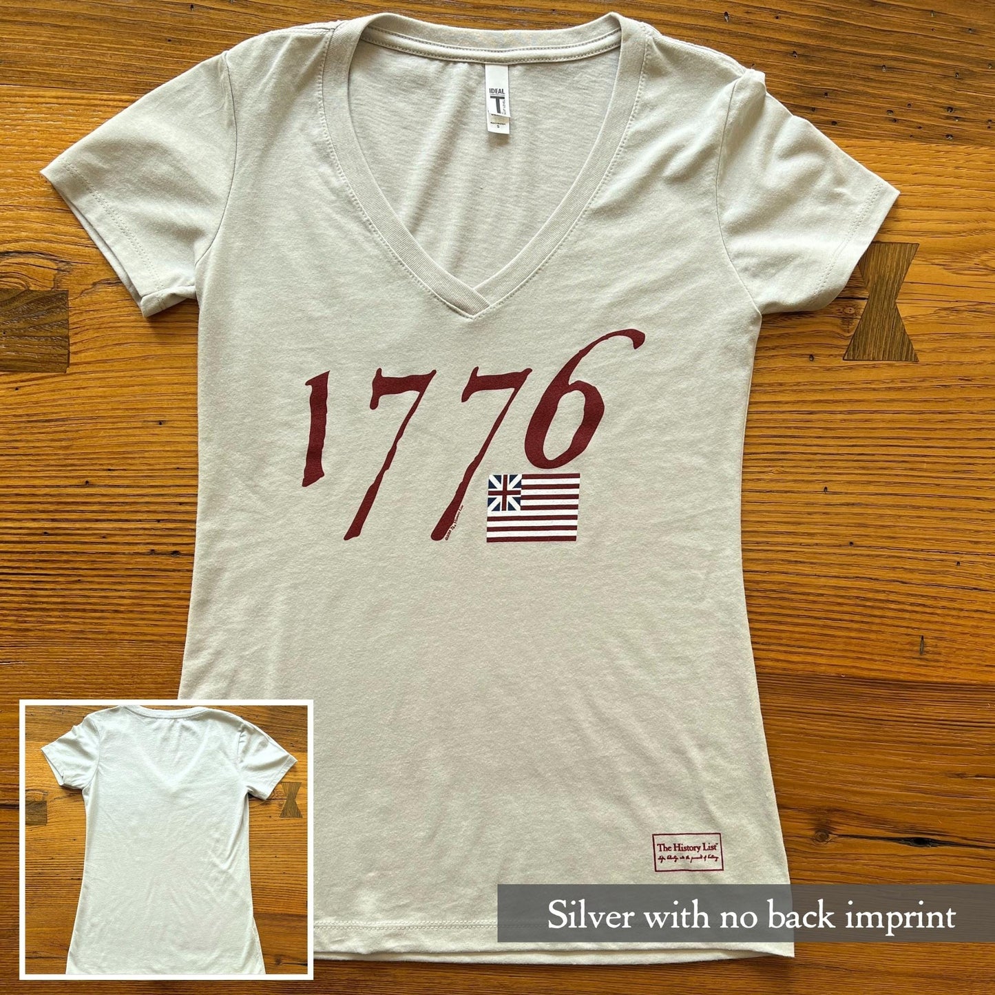 "We hold these truths - July 4, 1776" v-neck shirt from The History List store in Silver with no back imprint