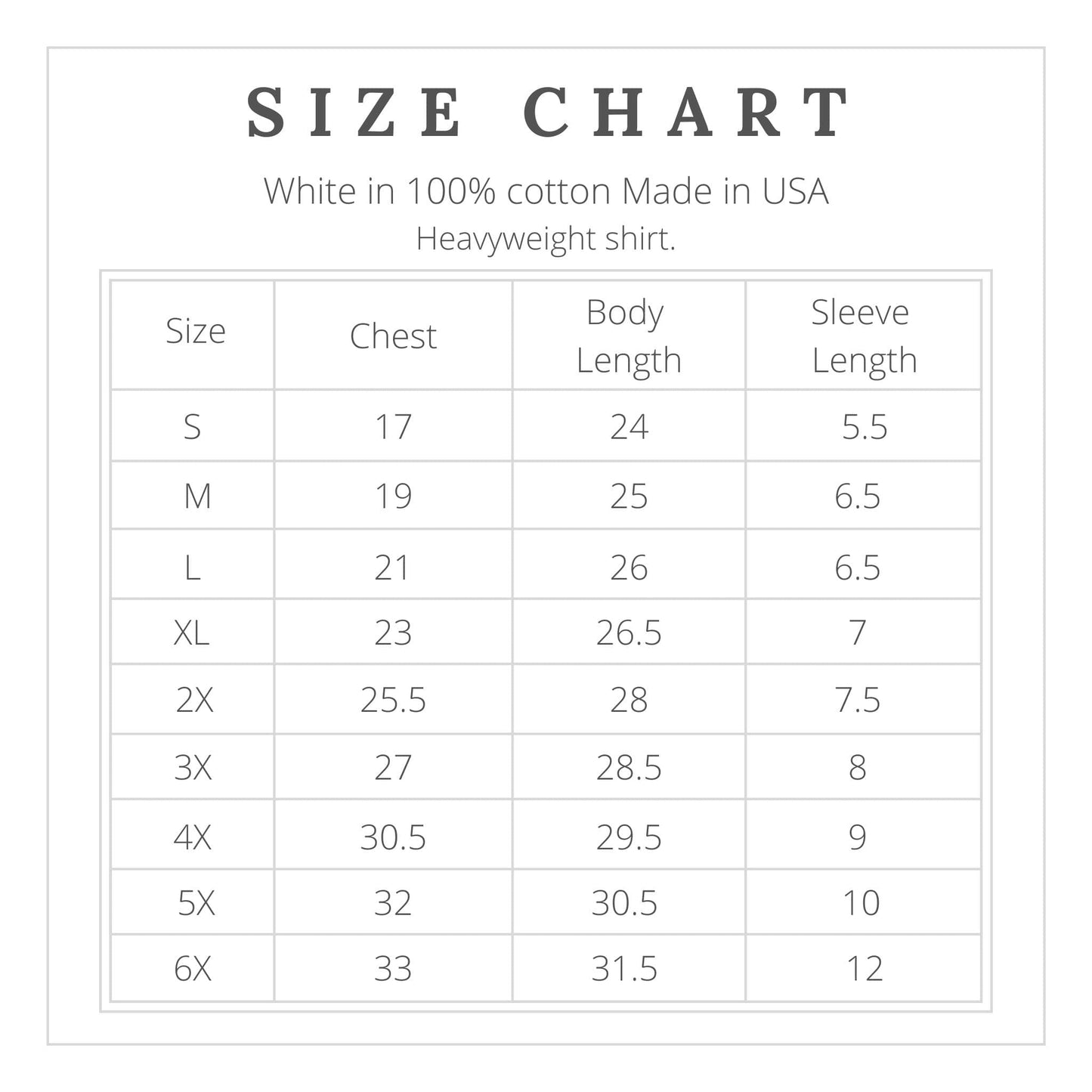 Size chart of the Made in USA shirt of "We hold these truths - July 4, 1776 —T-shirt from The History List Store.
