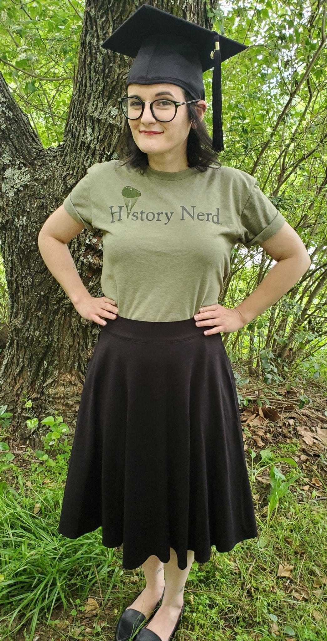 Tamara wearing the D-Day 75th Anniversary shirt with "History Nerd" and Paratrooper
