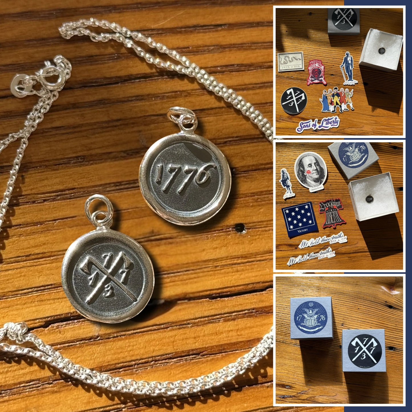 Revolutionary sterling silver charms made by hand in New England — 1773 and 1776