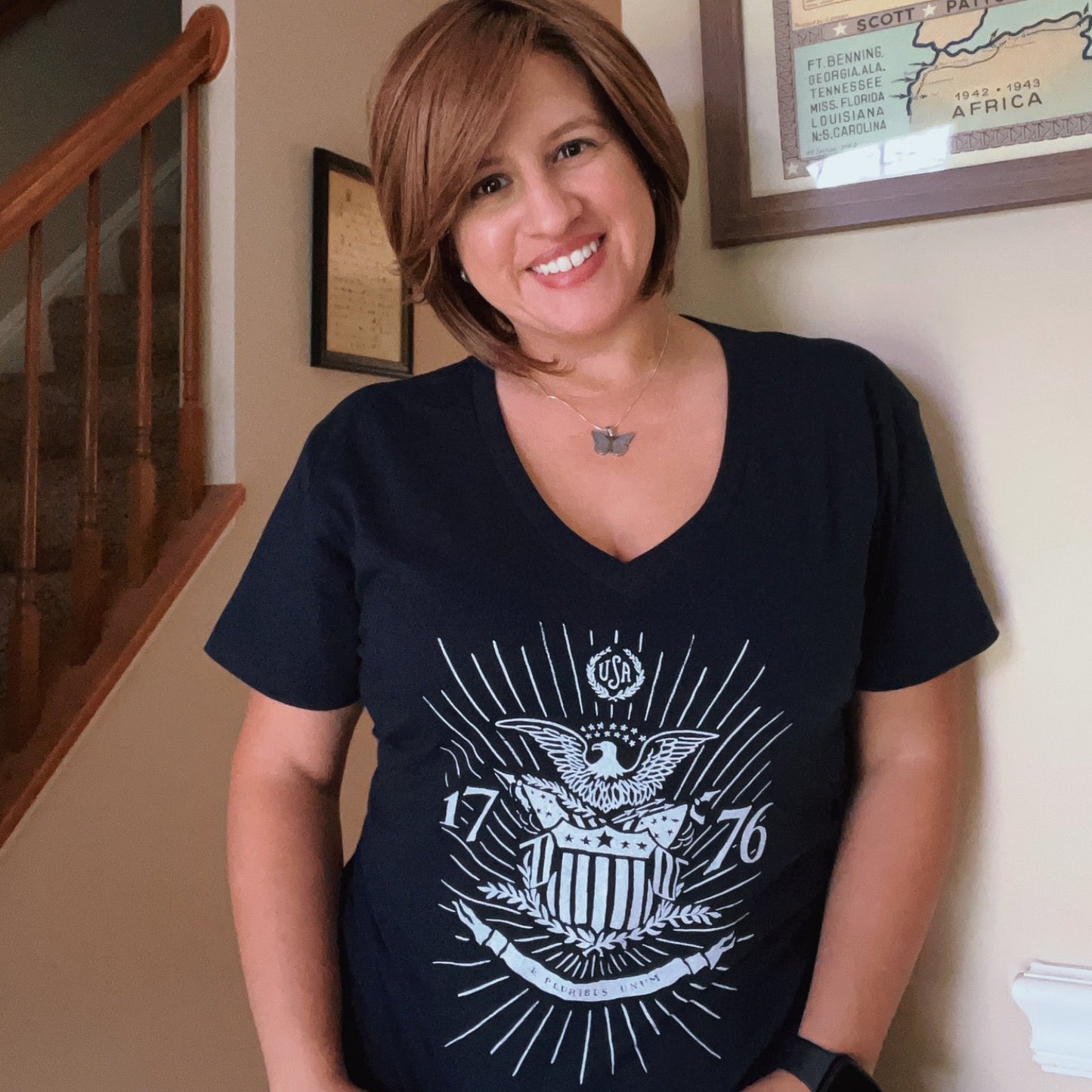Larisa on our 1776 women's v-neck shirt from The History List Store.