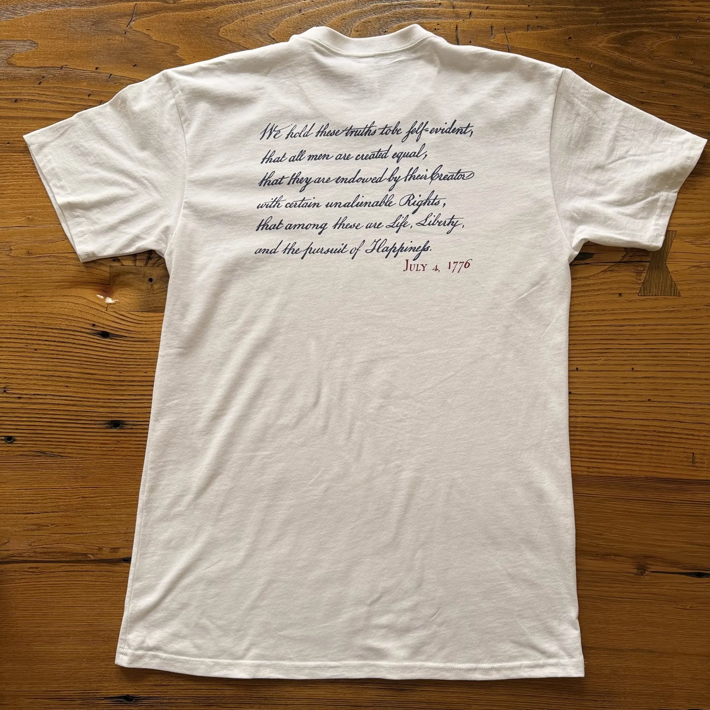 Back view of the "We hold these truths - July 4, 1776" T-shirt, in White from The History List Store.