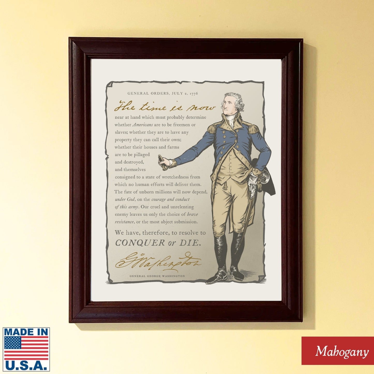 "Conquer or Die" — George Washington's General Orders framed print made in America