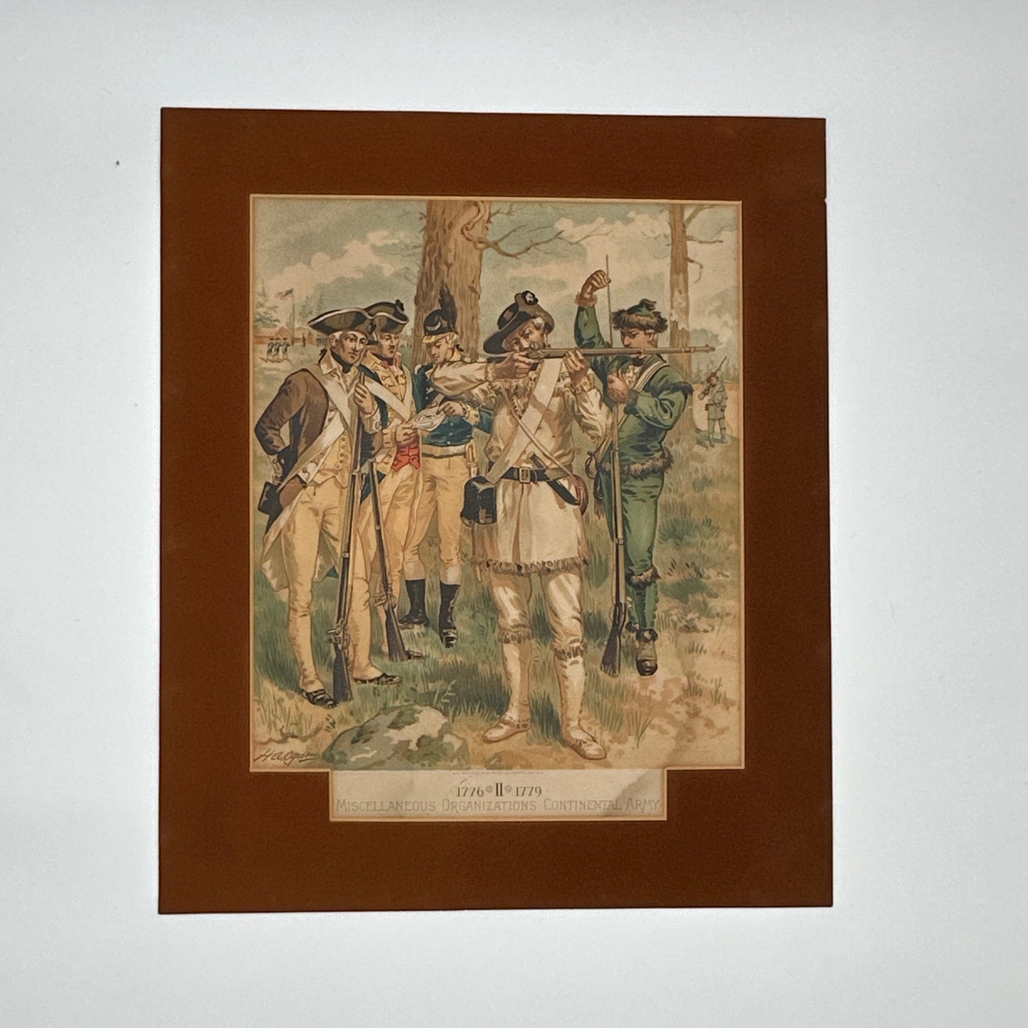 Four historic framed prints of American soldiers in uniform 1774 - 1783 that were commissioned by the Quartermaster General of the Army (1890 - 1907)