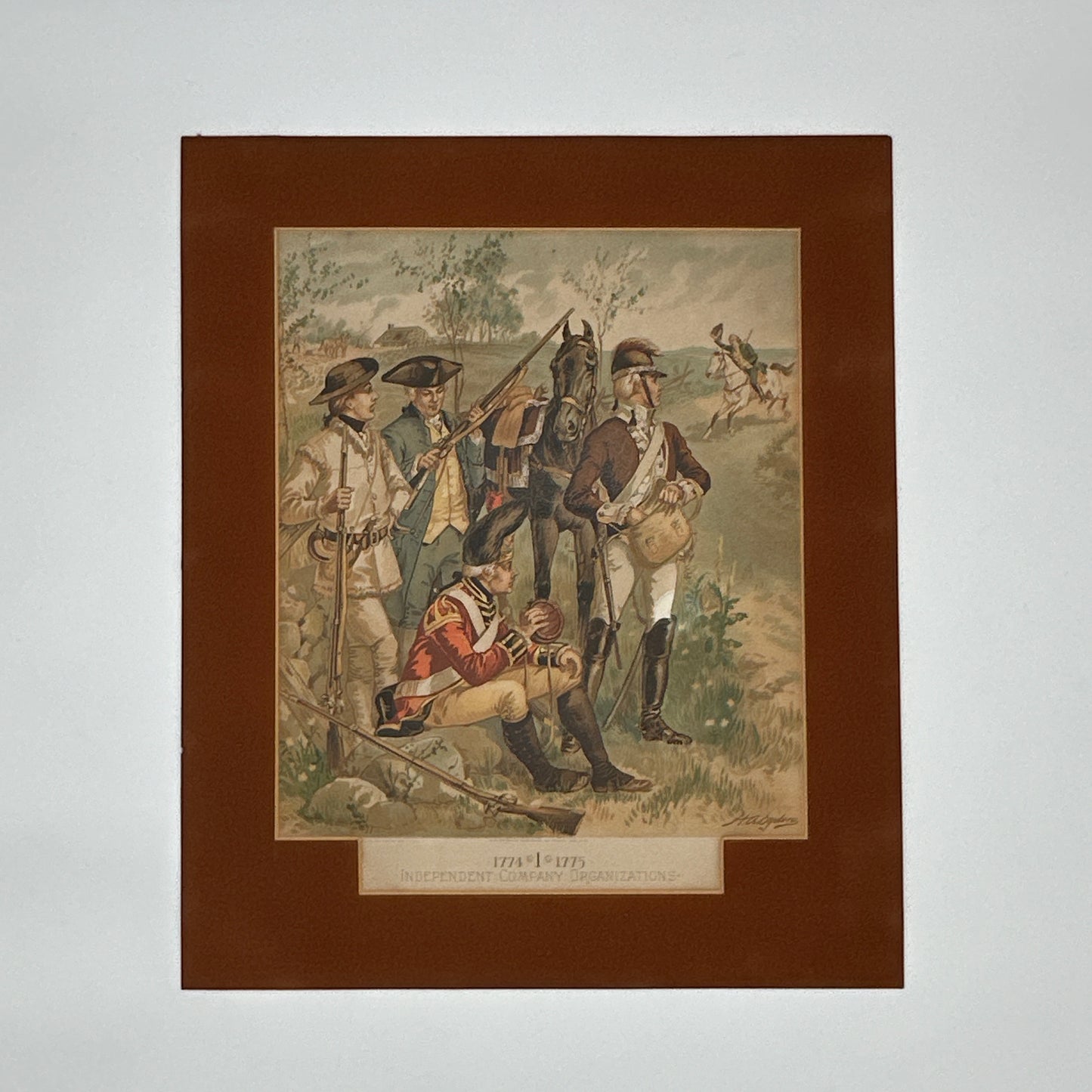 Four historic framed prints of American soldiers in uniform 1774 - 1783 that were commissioned by the Quartermaster General of the Army (1890 - 1907)