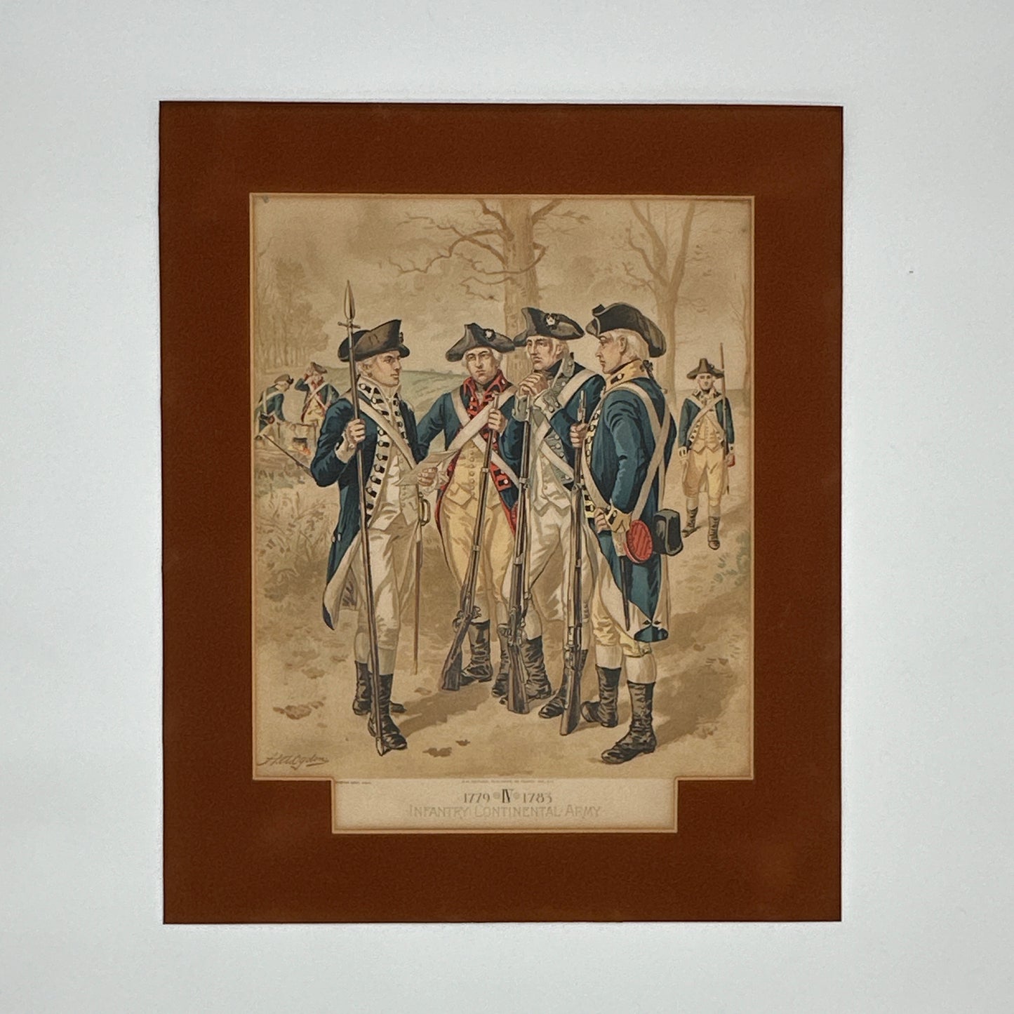 Four historic framed prints of American soldiers in uniform 1774 - 1783 that were commissioned by the Quartermaster General of the Army (1890 - 1907)